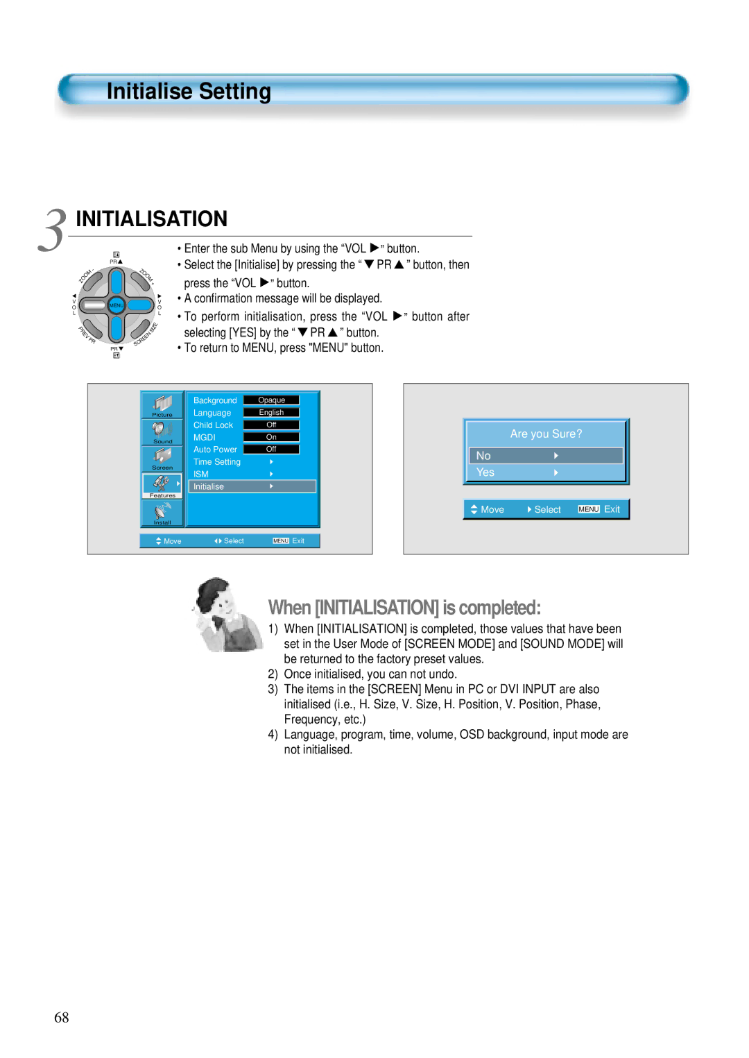 Daewoo DT-4280 NH, DT-4220 NH user manual Initialise Setting, To return to MENU, press Menu button 