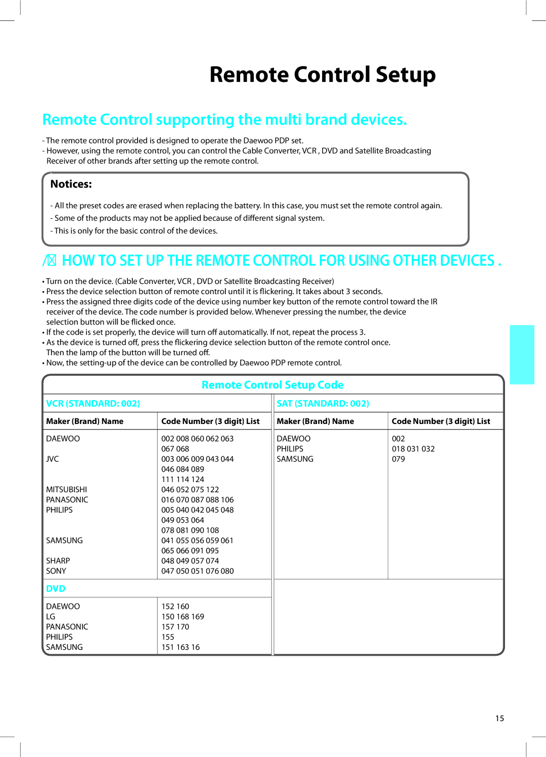 Daewoo DT-42A1 user manual Remote Control Setup 