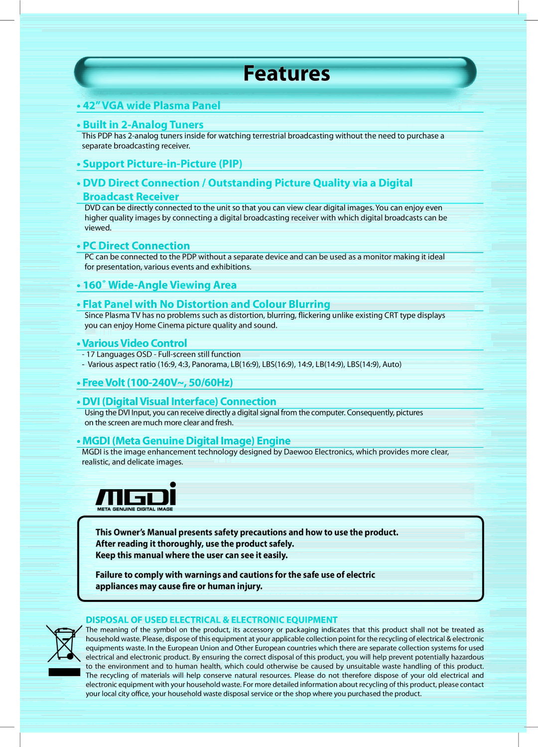Daewoo DT-42A1 user manual Features, 42VGA wide Plasma Panel Built in 2-Analog Tuners 