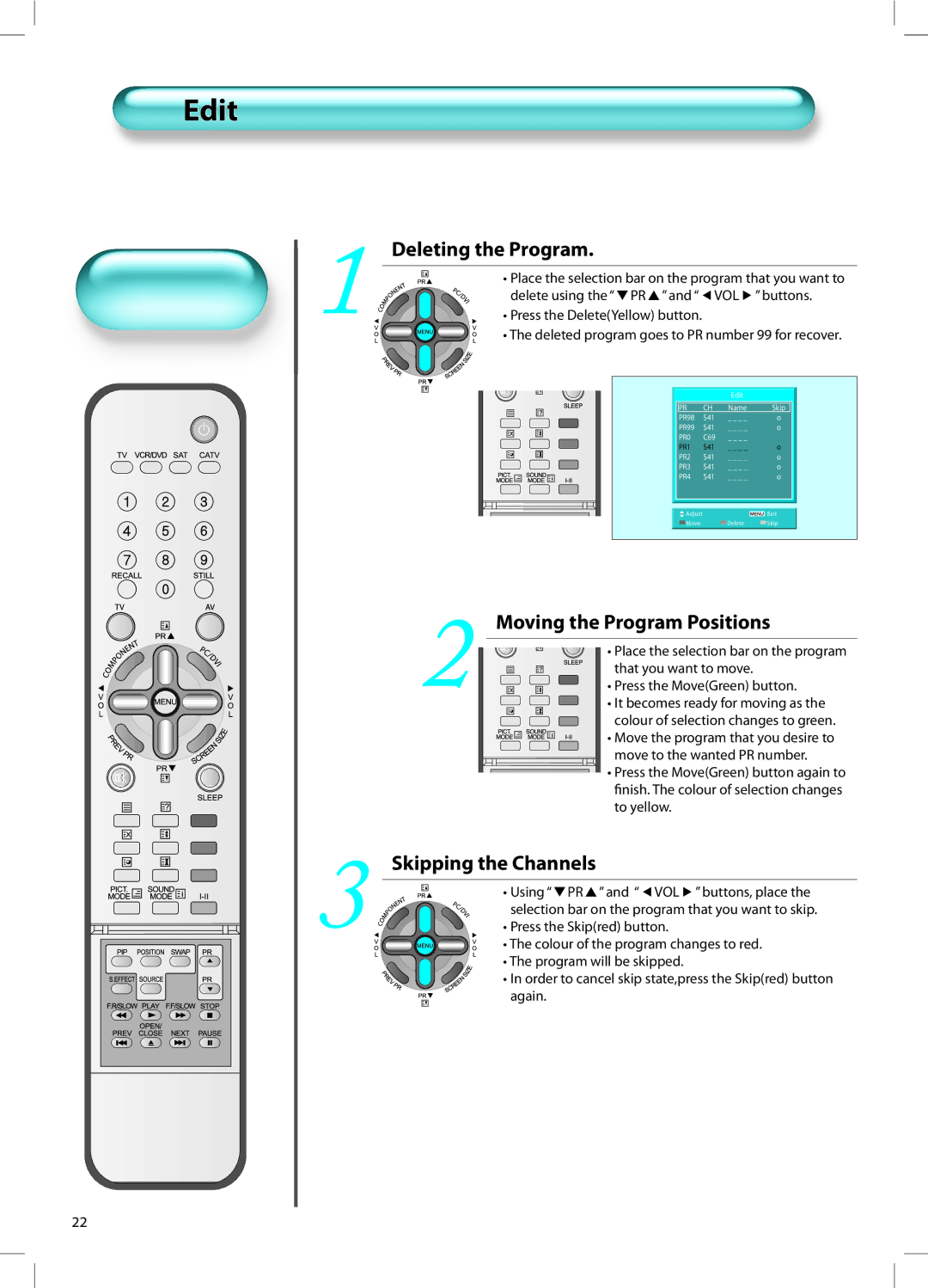 Daewoo DT-42A1 user manual Edit, Deleting the Program, Moving the Program Positions, Skipping the Channels 