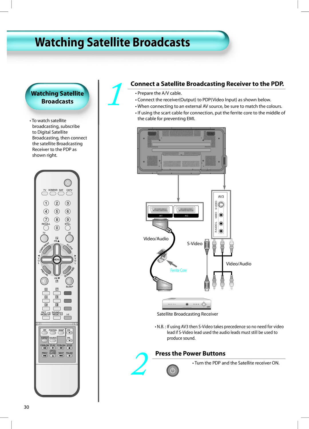 Daewoo DT-42A1 user manual Watching Satellite Broadcasts, Video/Audio, Turn the PDP and the Satellite receiver on 