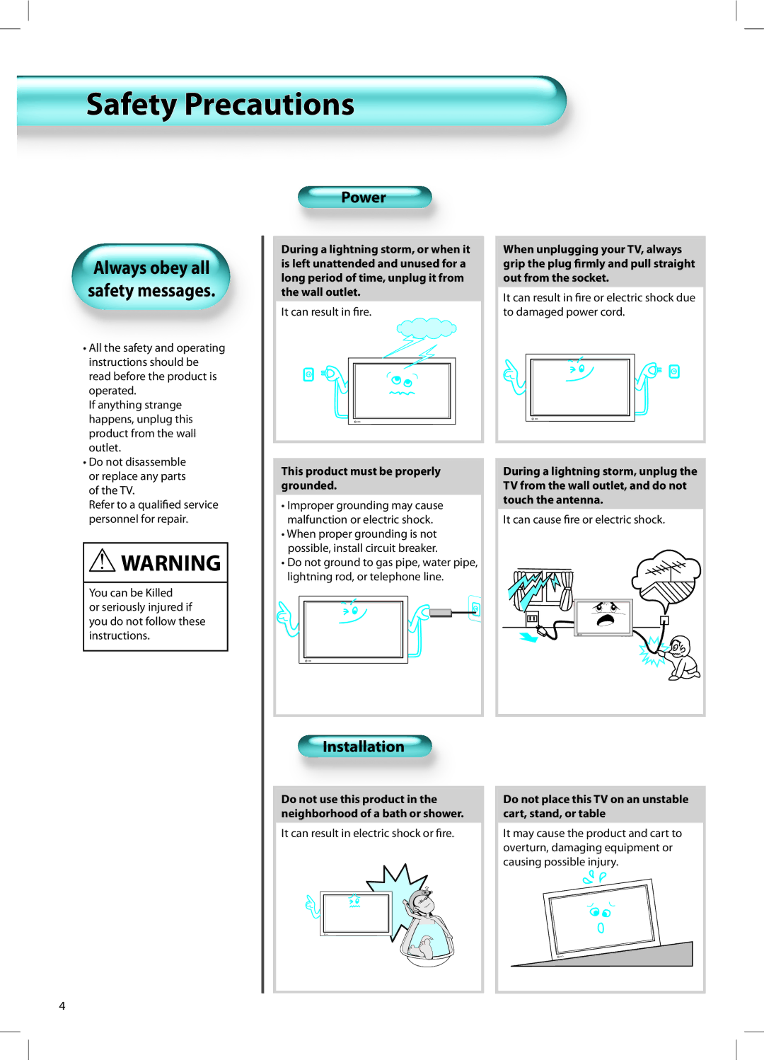 Daewoo DT-42A1 user manual Safety Precautions, Power, Installation 