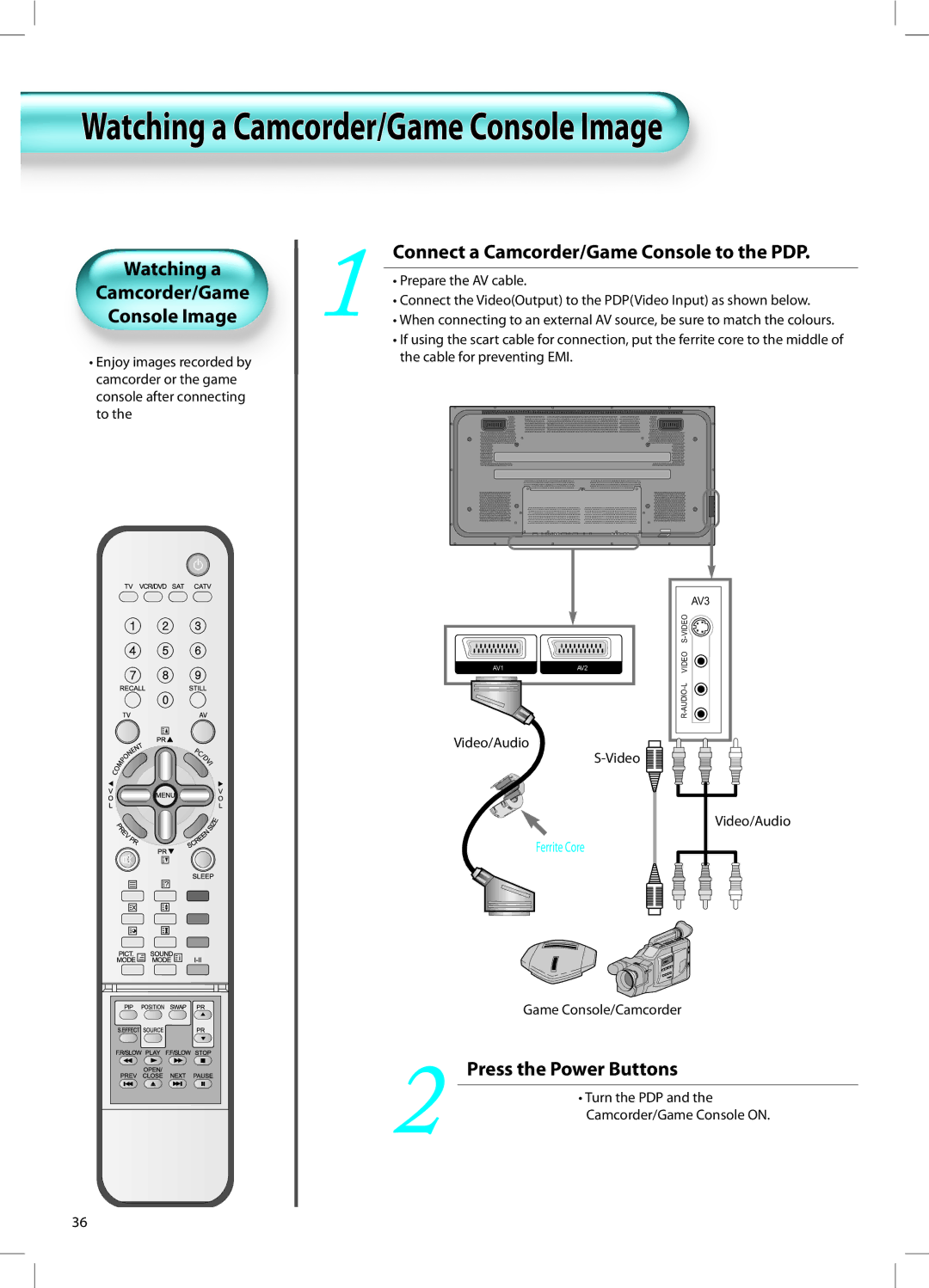 Daewoo DT-42A1 user manual Watching a Camcorder/Game Console Image, Connect a Camcorder/Game Console to the PDP 