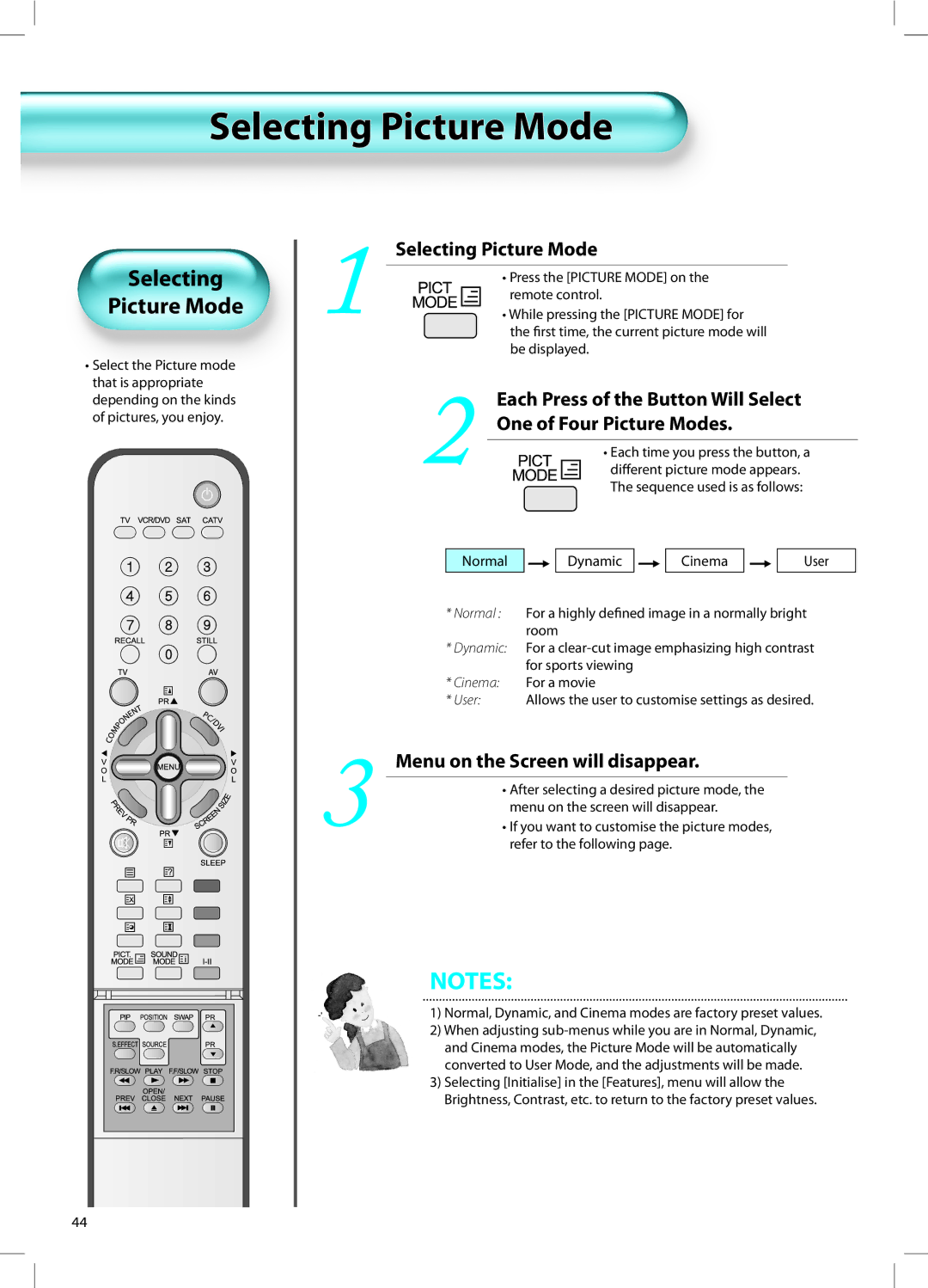 Daewoo DT-42A1 user manual Selecting Picture Mode, Menu on the Screen will disappear 