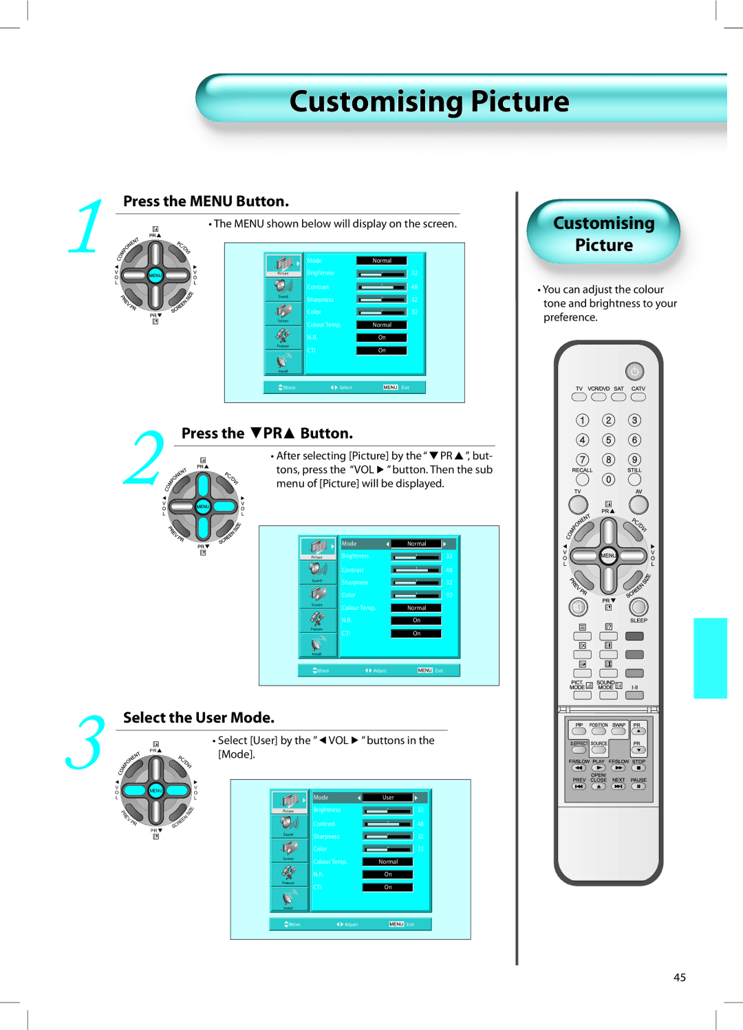 Daewoo DT-42A1 user manual Customising Picture, Press the Menu Button, Press the PR Button, Select the User Mode 