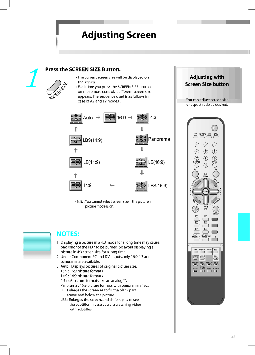 Daewoo DT-42A1 user manual Press the Screen Size Button, Adjusting with Screen Size button 