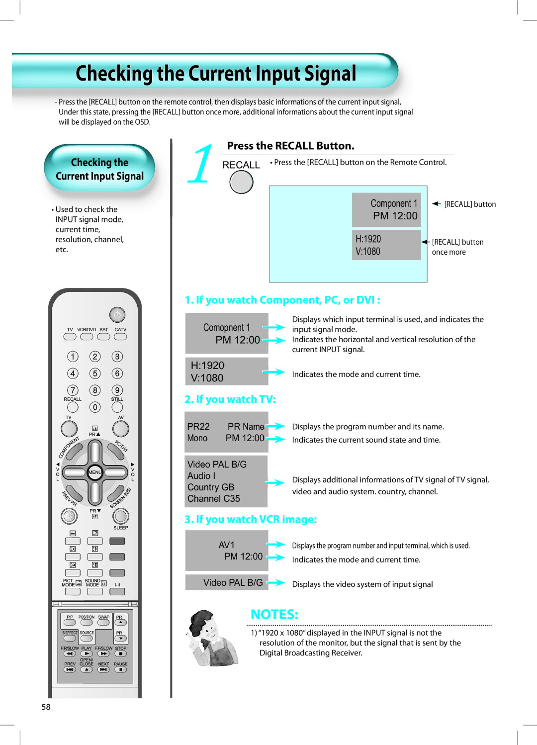 Daewoo DT-42A1 user manual Checking the Current Input Signal, Checking Current Input Signal, Press the Recall Button 