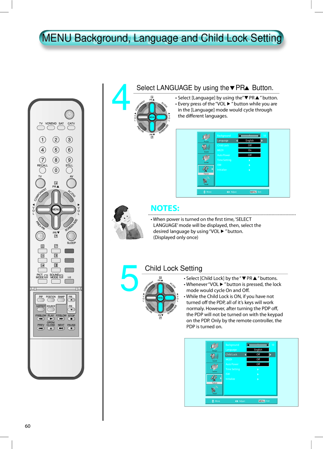 Daewoo DT-42A1 user manual Menu Background, Language and Child Lock Setting, Diﬀerent languages, Whenever VOL 