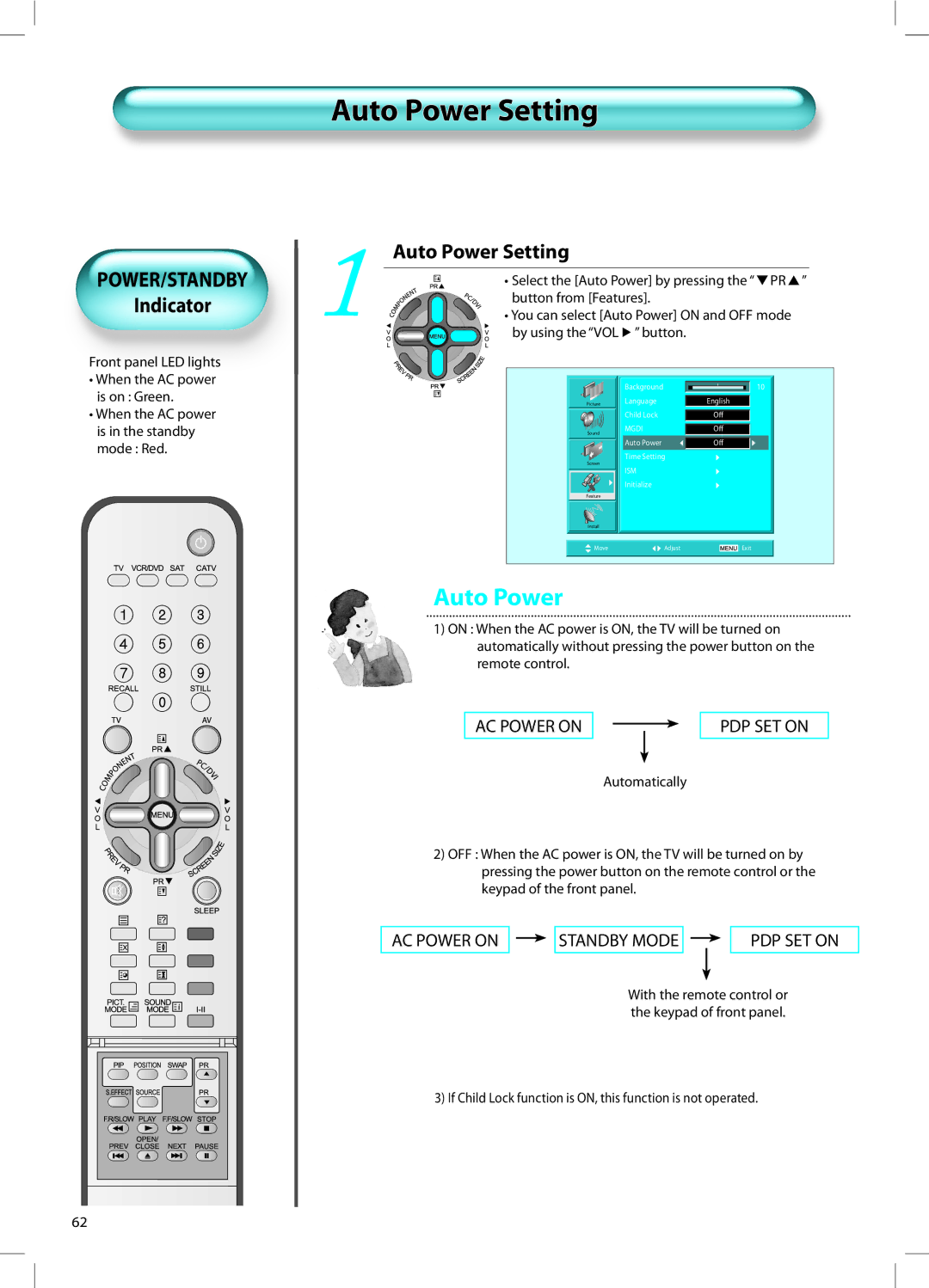 Daewoo DT-42A1 user manual Auto Power Setting, Indicator, Front panel LED lights 