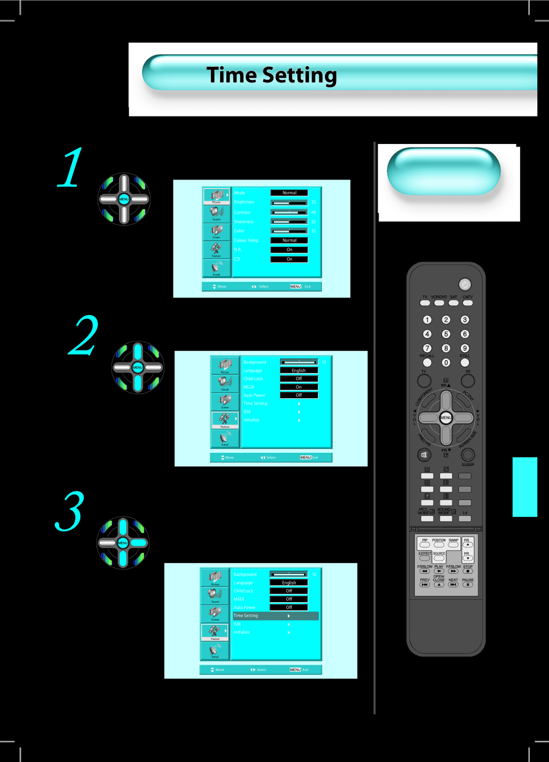 Daewoo DT-42A1 user manual Time Setting, Menu screen will be displayed as below 