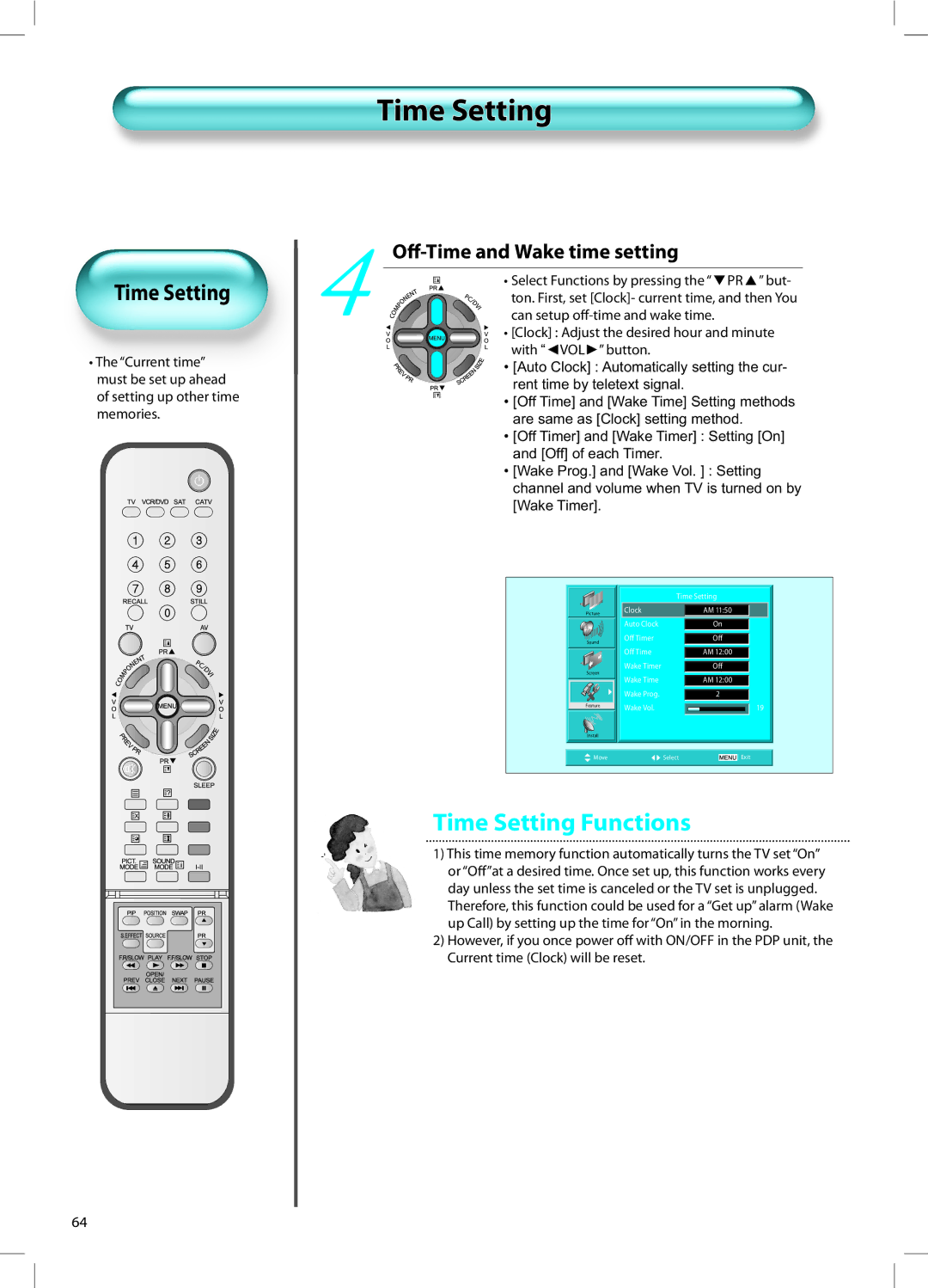 Daewoo DT-42A1 user manual Time Setting, Oﬀ-Time and Wake time setting 