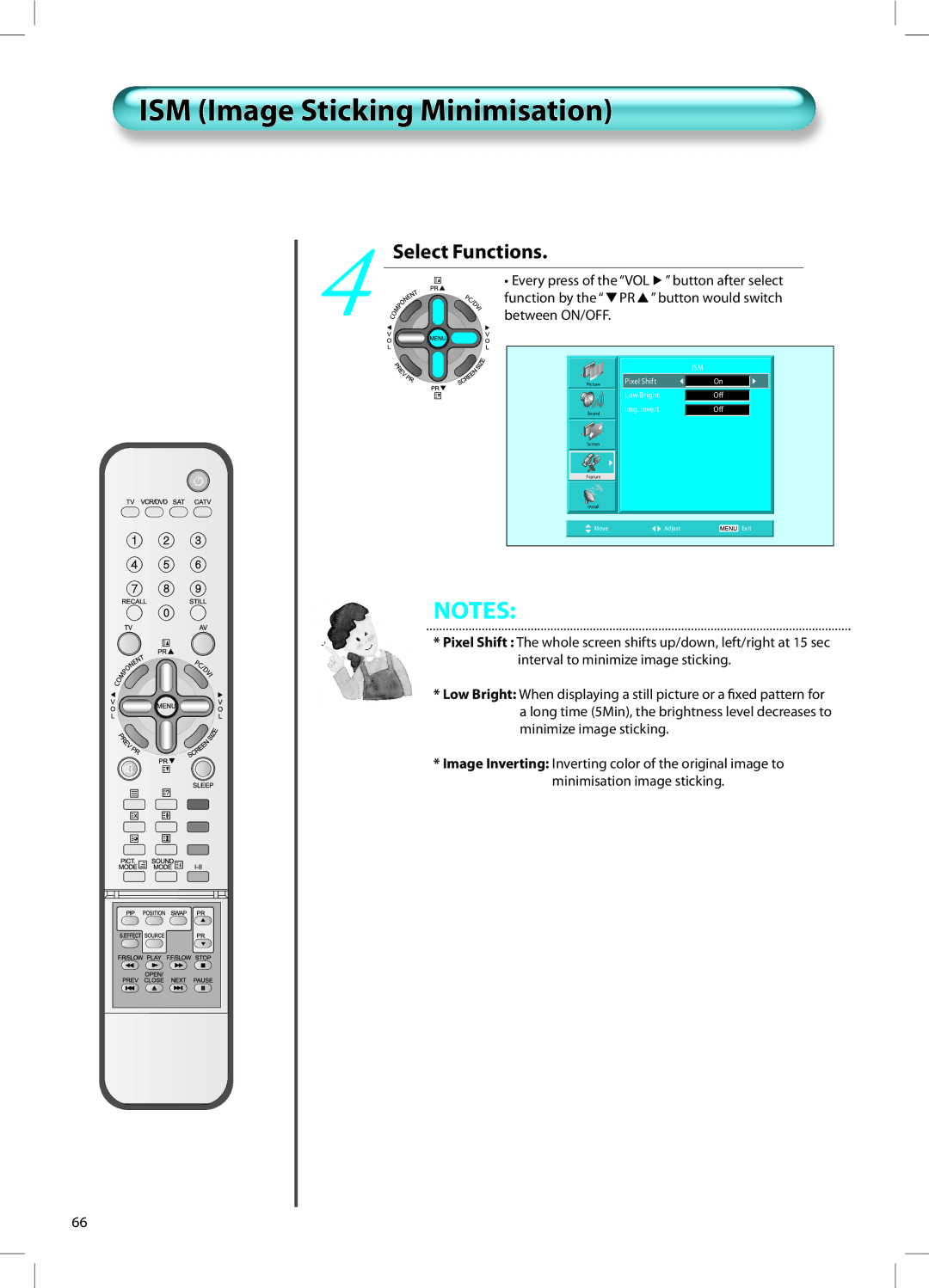 Daewoo DT-42A1 user manual ISM Image Sticking Minimisation, Select Functions, Function by the PR, Between ON/OFF 