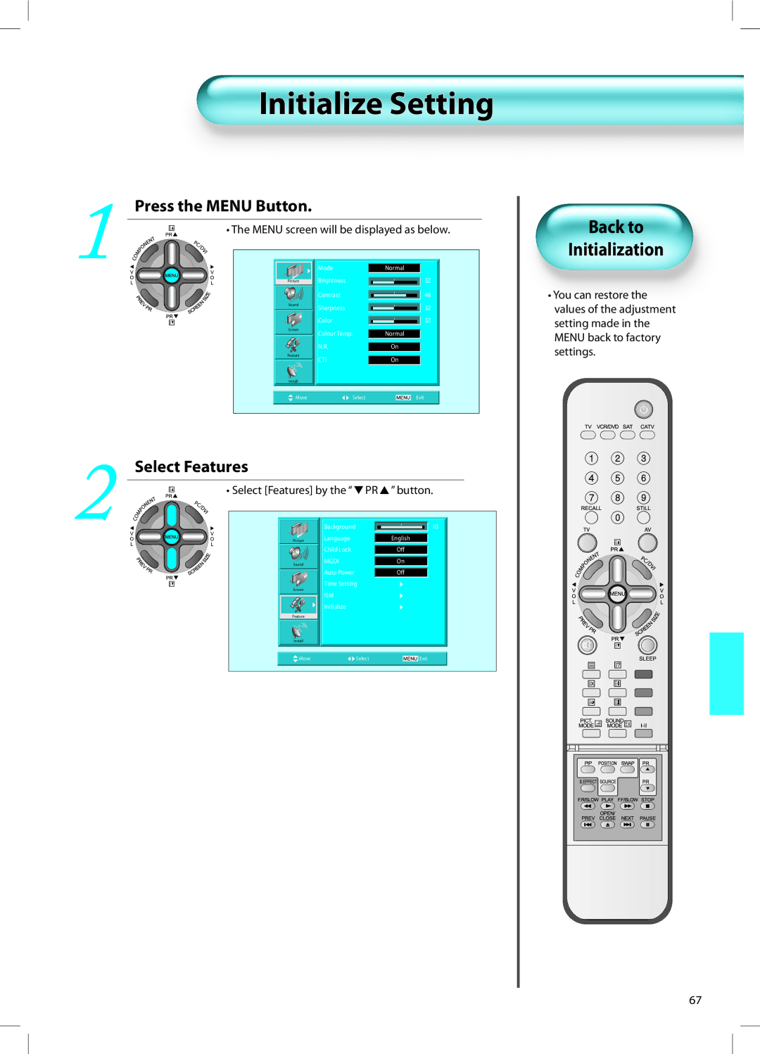 Daewoo DT-42A1 user manual Initialize Setting, Back to Initialization 