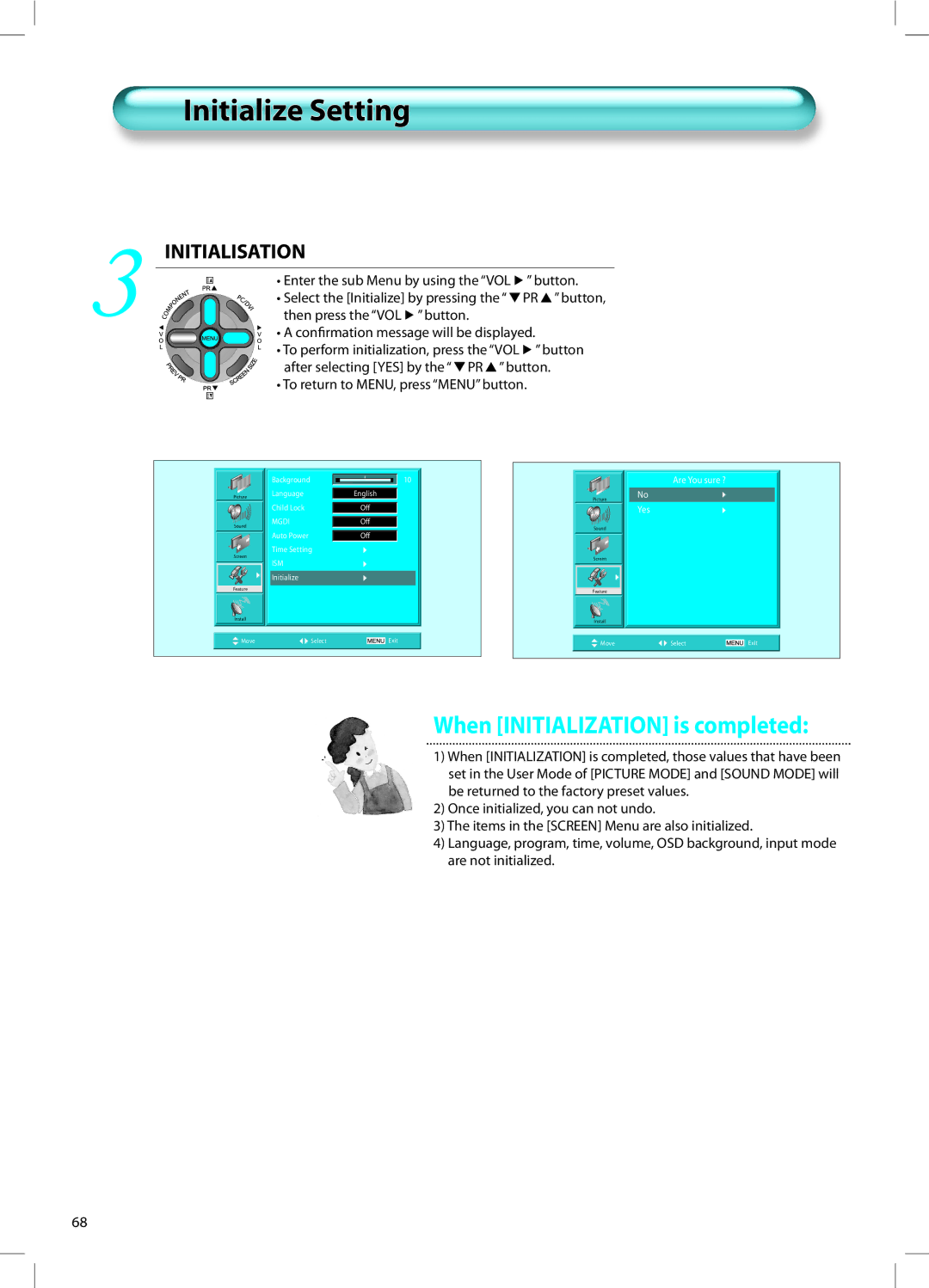 Daewoo DT-42A1 Initialize Setting, Button, After selecting YES by the PR button, To return to MENU, press Menu button 