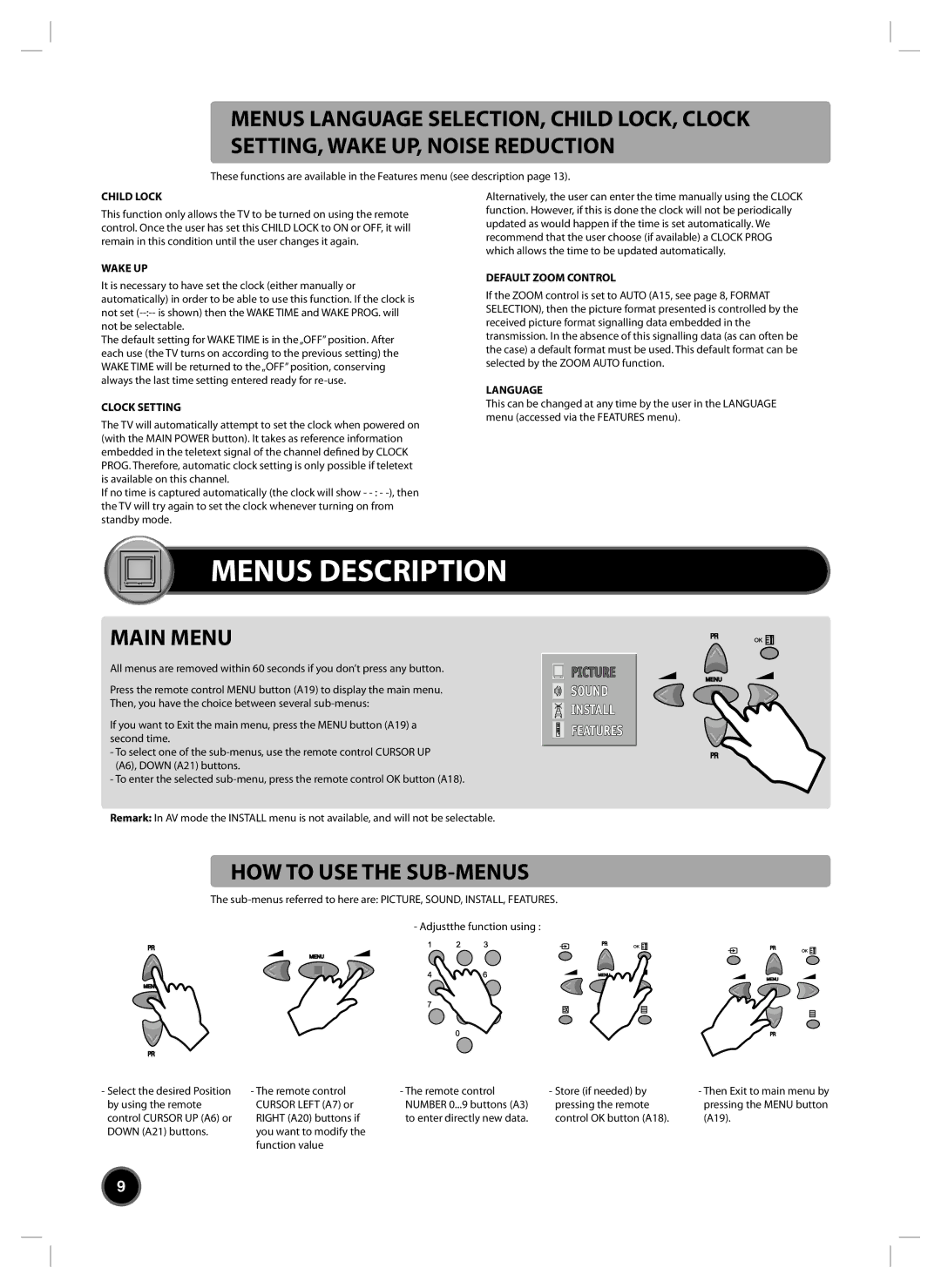 Daewoo DTC-20, DTC-21, DTY-21, DTY-25, DTY-28, DTY-29, DTZ-24, DTZ-28, DTZ-29 manual Menus Description, Main Menu 