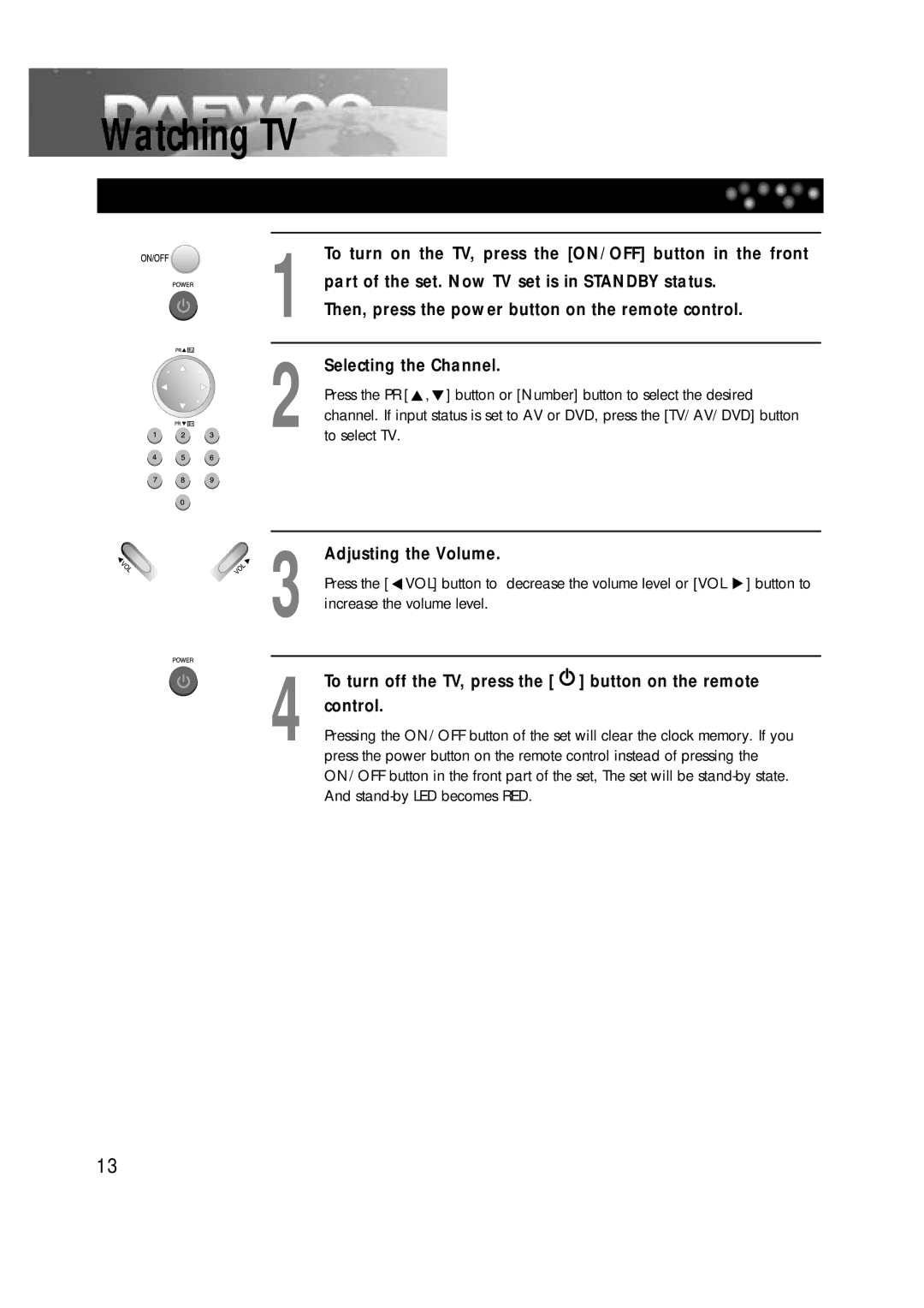 Daewoo DTD-14H9 owner manual Watching TV 