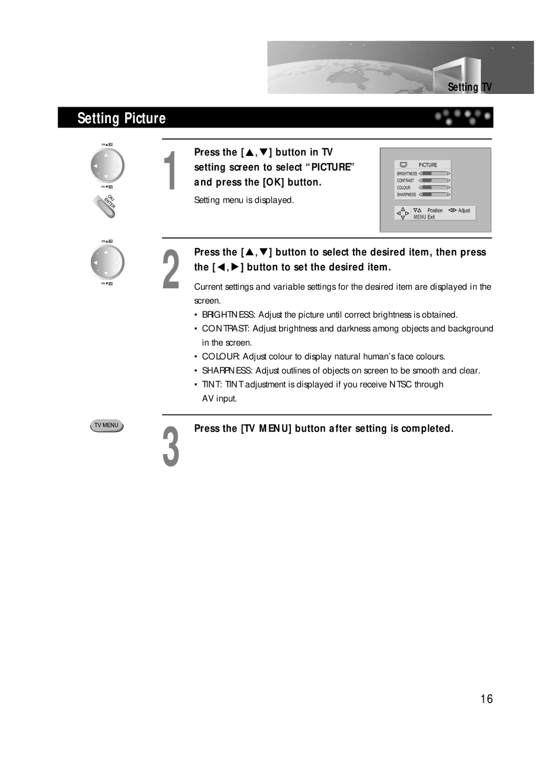 Daewoo DTD-14H9 Setting Picture, Press the TV Menu button after setting is completed, Setting menu is displayed 