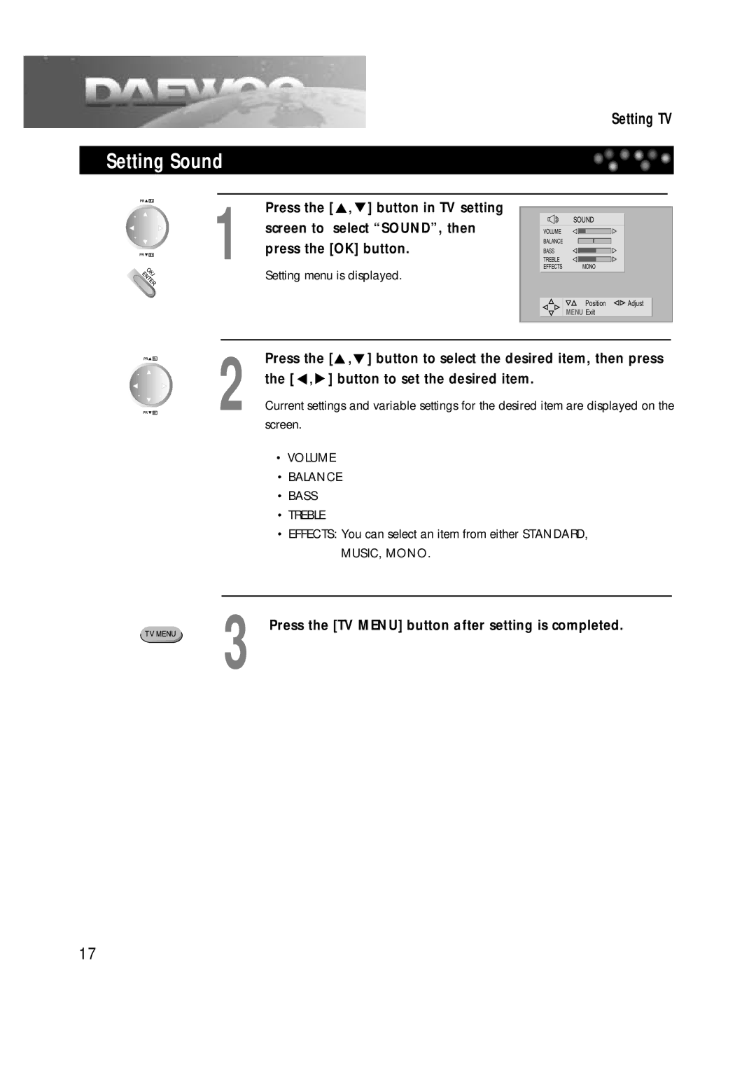 Daewoo DTD-14H9 Setting Sound, Press the , button to select the desired item, then press, button to set the desired item 