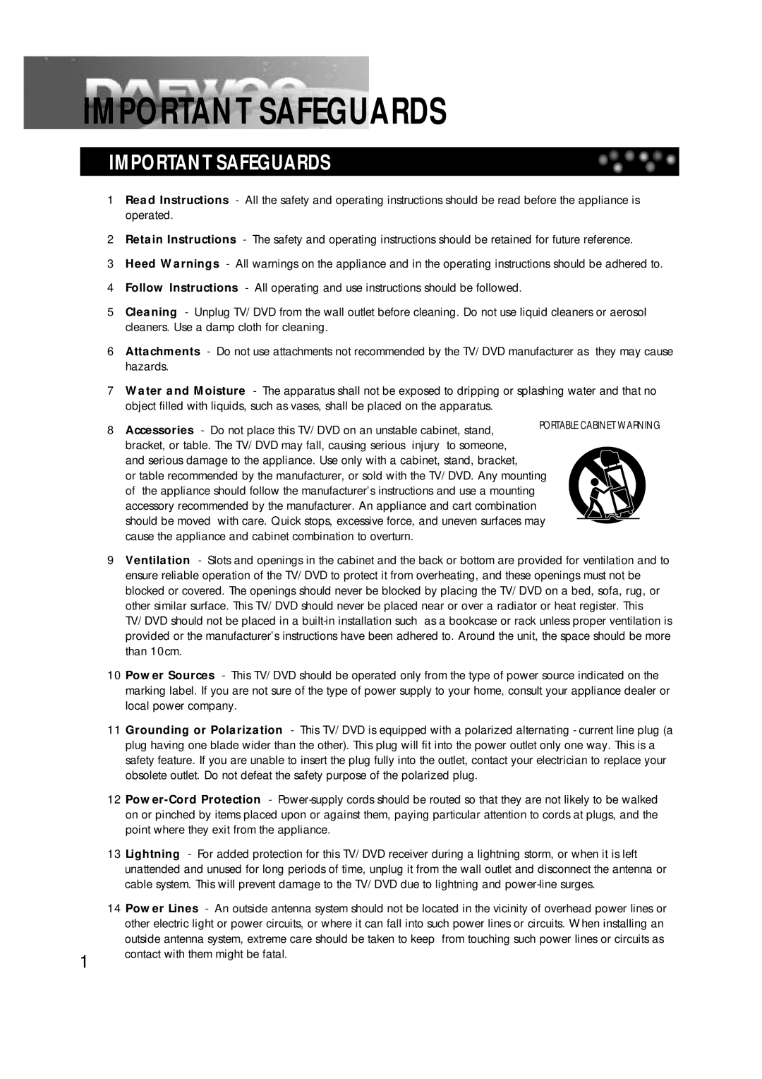 Daewoo DTD-14H9 owner manual Important Safeguards 