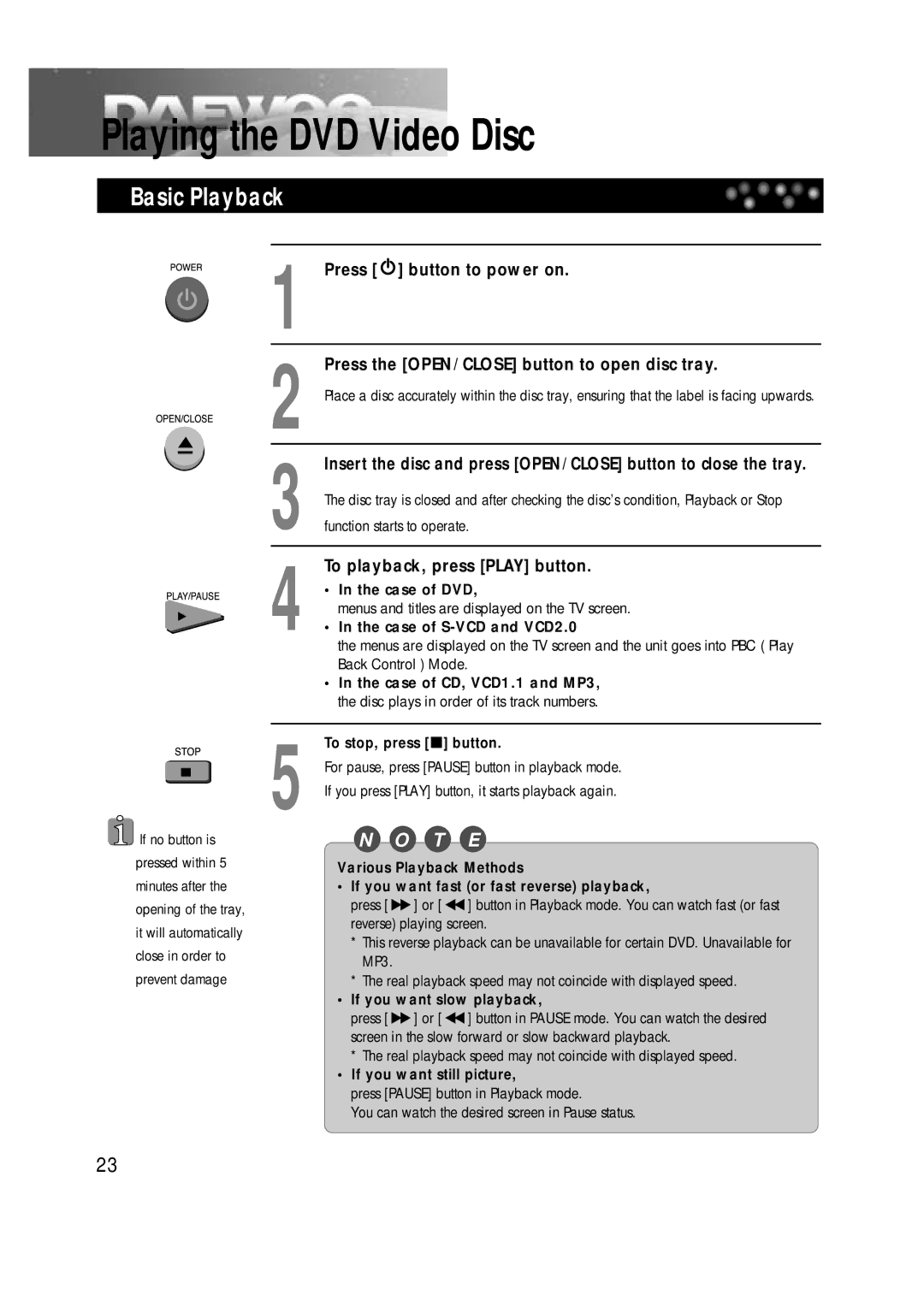 Daewoo DTD-14H9 owner manual Playing the DVD Video Disc, Basic Playback, To playback, press Play button 