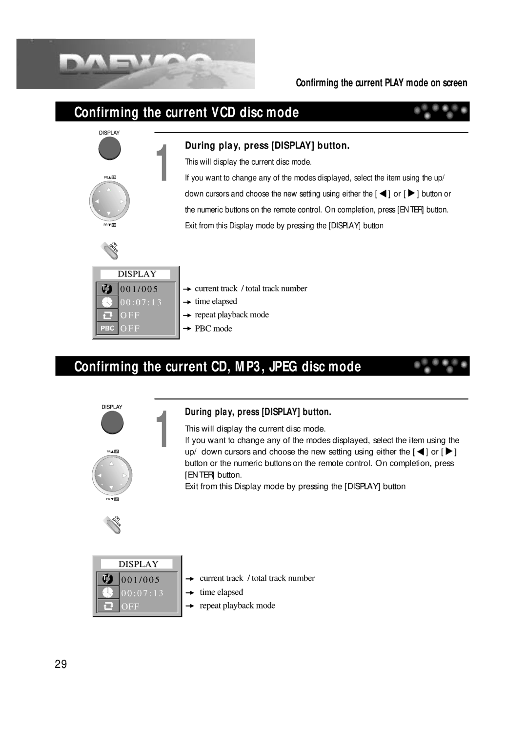 Daewoo DTD-14H9 owner manual Confirming the current VCD disc mode, Confirming the current CD, MP3, Jpeg disc mode 