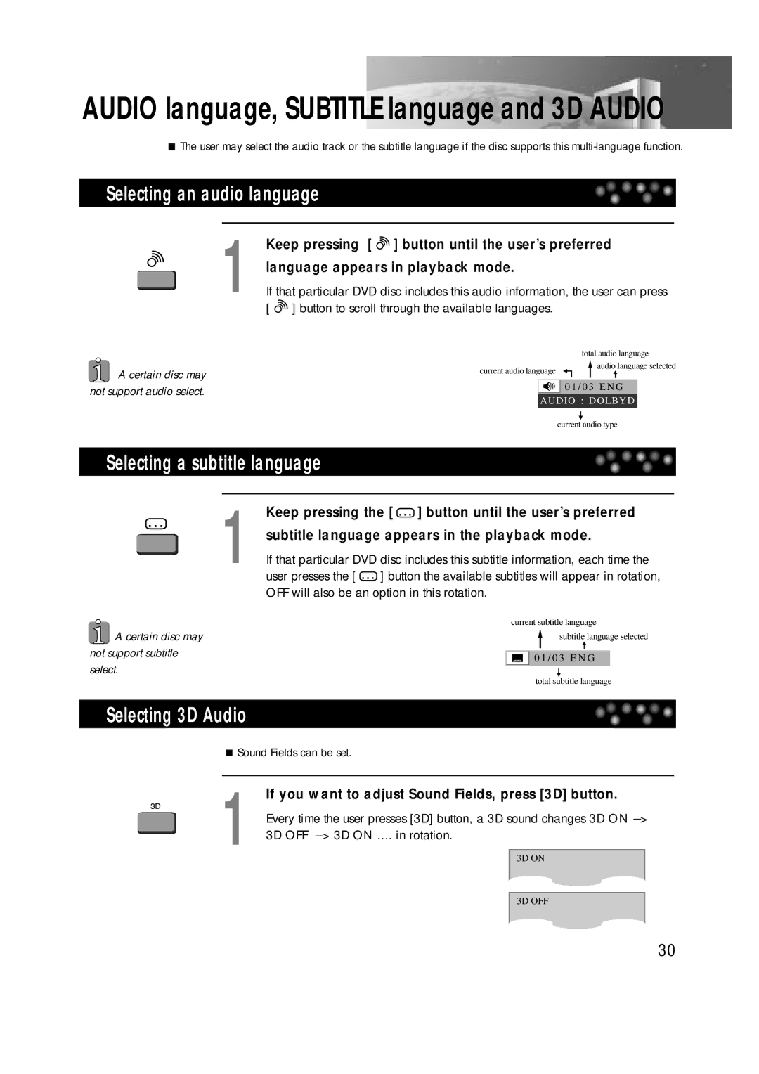 Daewoo DTD-14H9 owner manual Selecting an audio language, Selecting a subtitle language, Selecting 3D Audio 