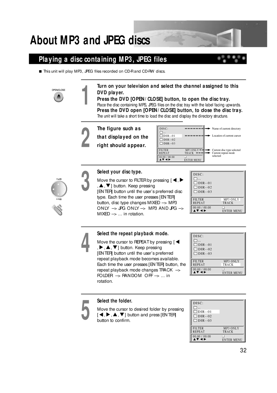 Daewoo DTD-14H9 Playing a disc containing MP3, Jpeg files, Select your disc type, Select the repeat playback mode 