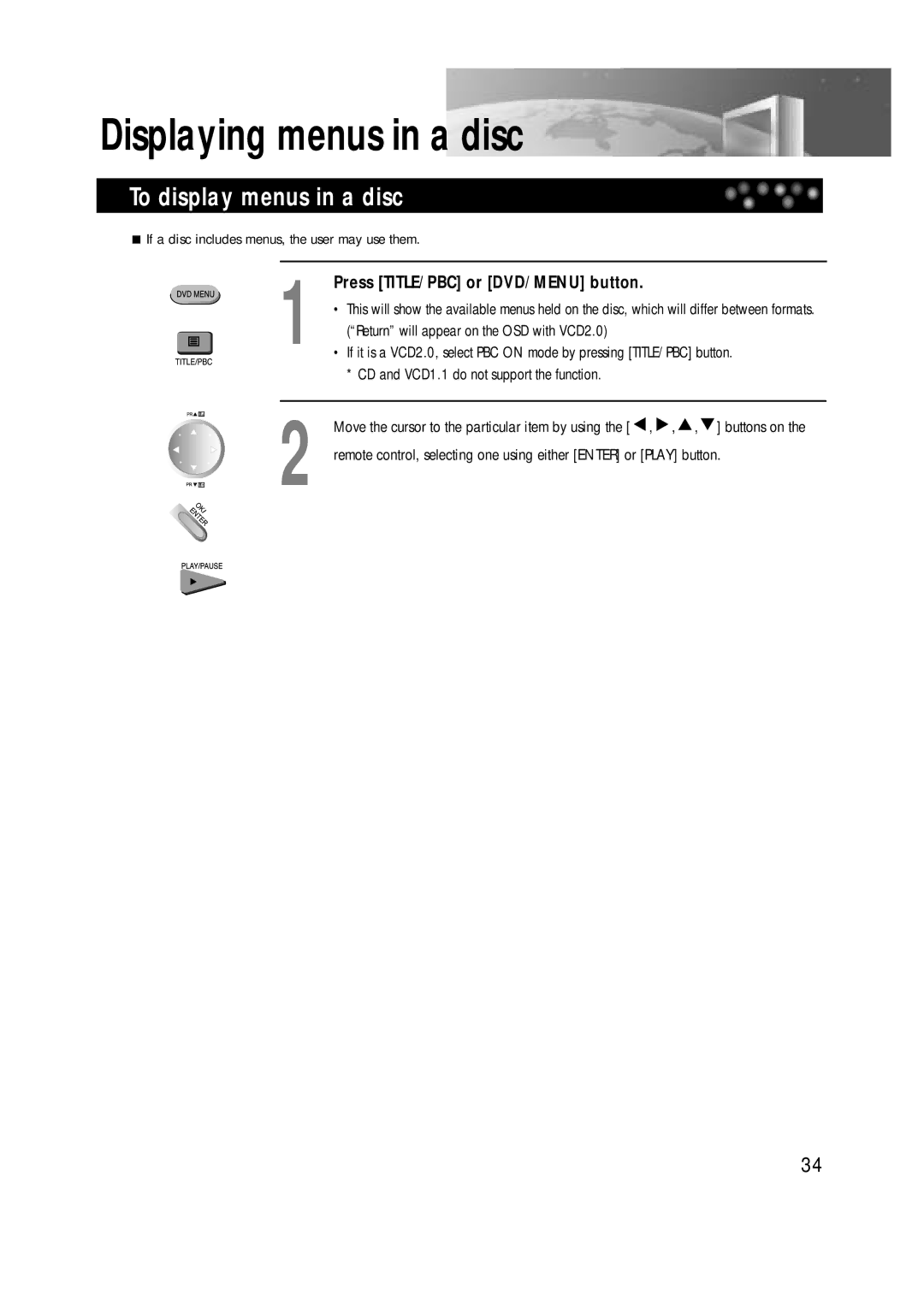 Daewoo DTD-14H9 owner manual Displaying menus in a disc, To display menus in a disc, Press TITLE/PBC or DVD/MENU button 