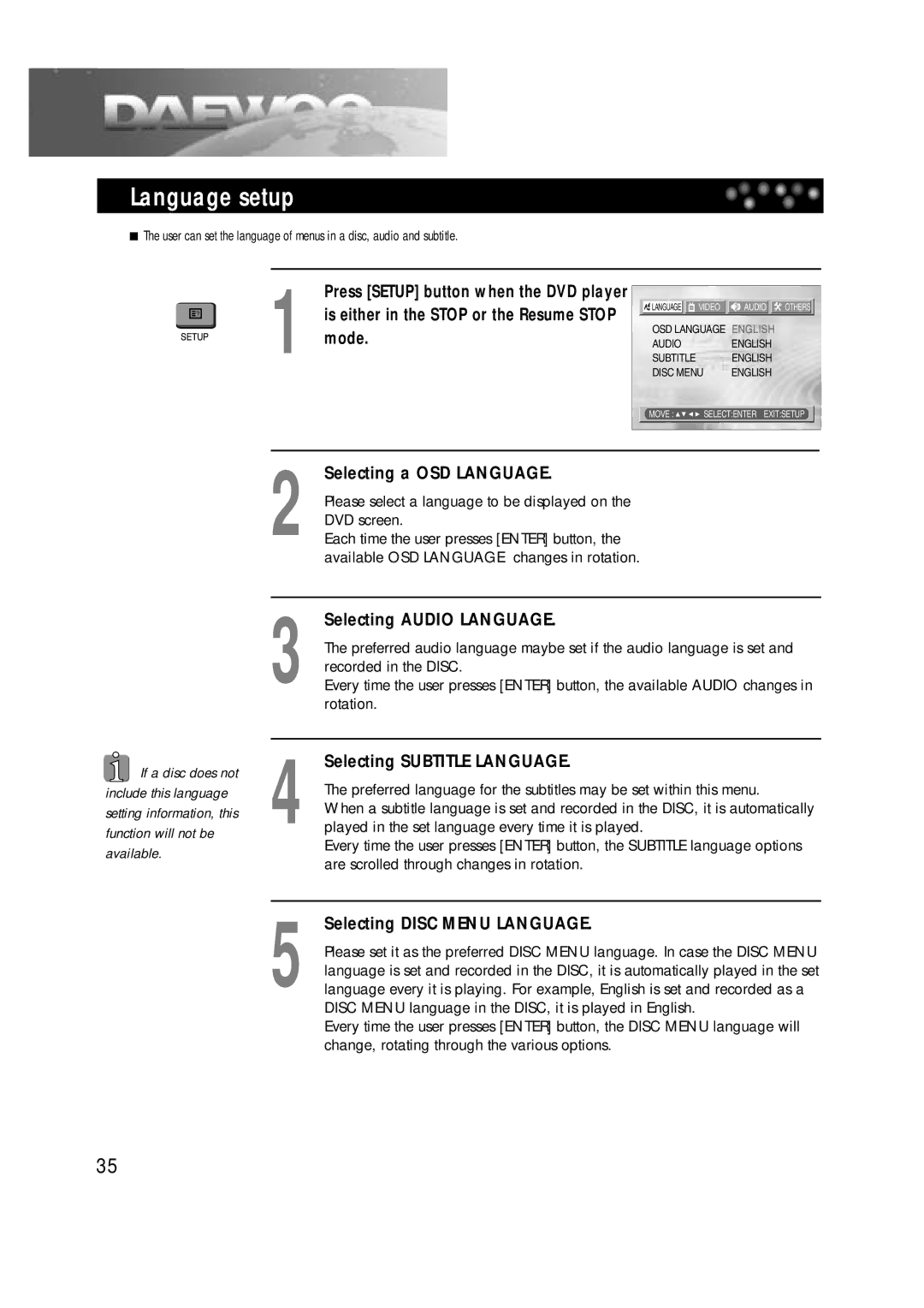 Daewoo DTD-14H9 Language setup, Selecting a OSD Language, Selecting Audio Language, Selecting Subtitle Language 