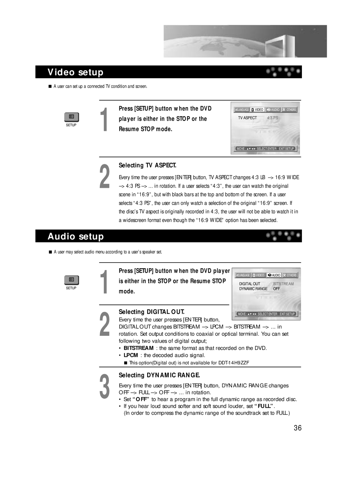 Daewoo DTD-14H9 owner manual Video setup, Audio setup, Selecting TV Aspect, Selecting Dynamic Range 