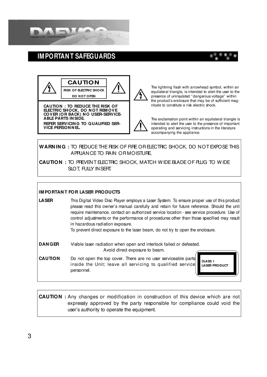 Daewoo DTD-14H9 owner manual Important for Laser Products 