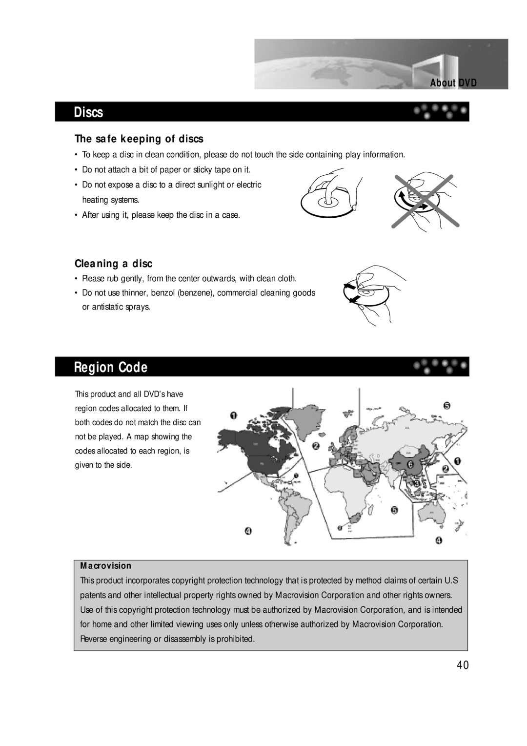 Daewoo DTD-14H9 owner manual Discs, Region Code, Macrovision 