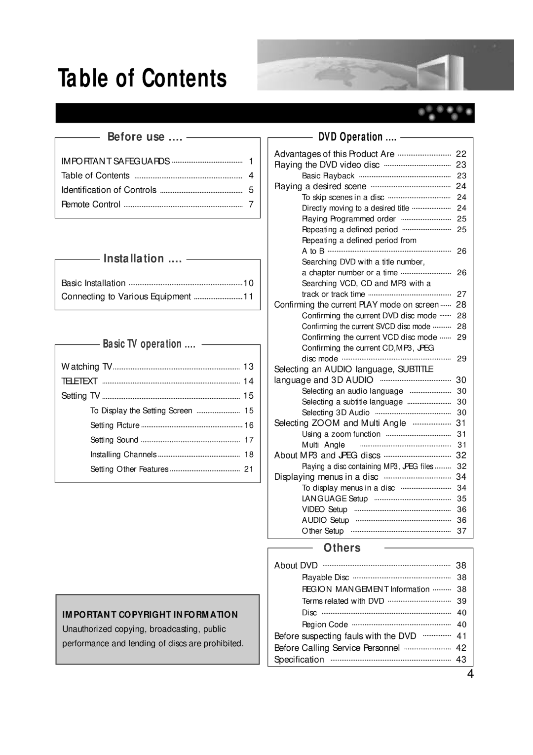 Daewoo DTD-14H9 owner manual Table of Contents 