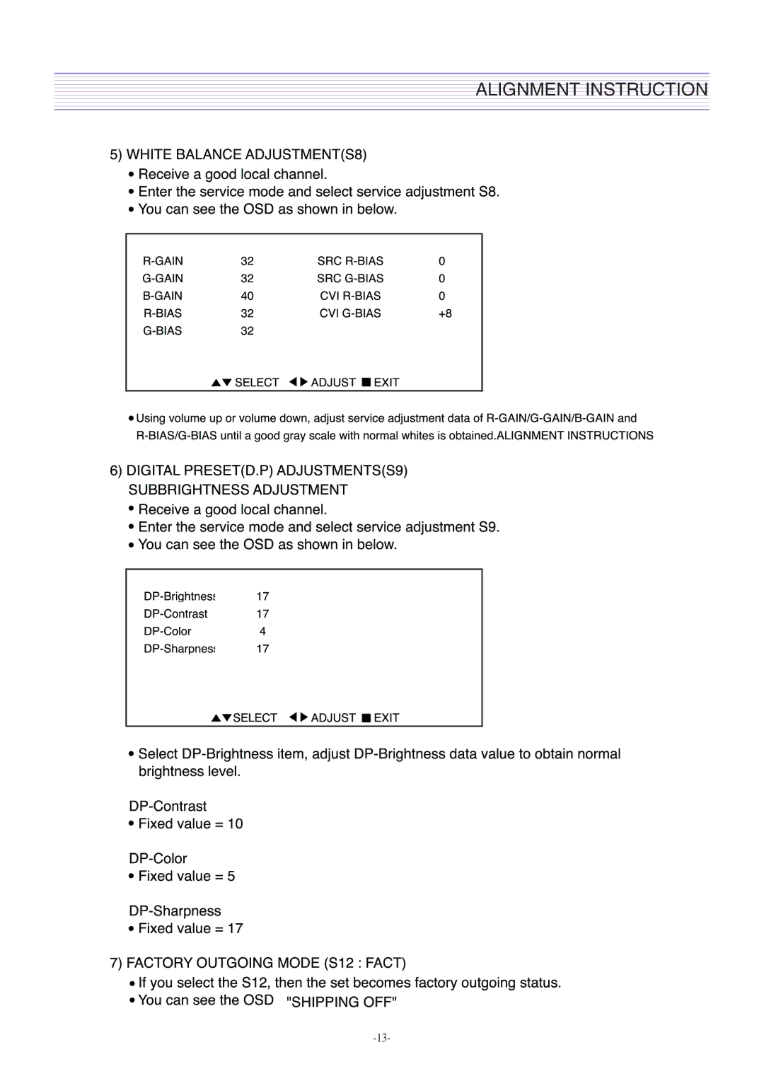 Daewoo DTH-2930SSFV, CM-405F service manual Alignment Instruction 