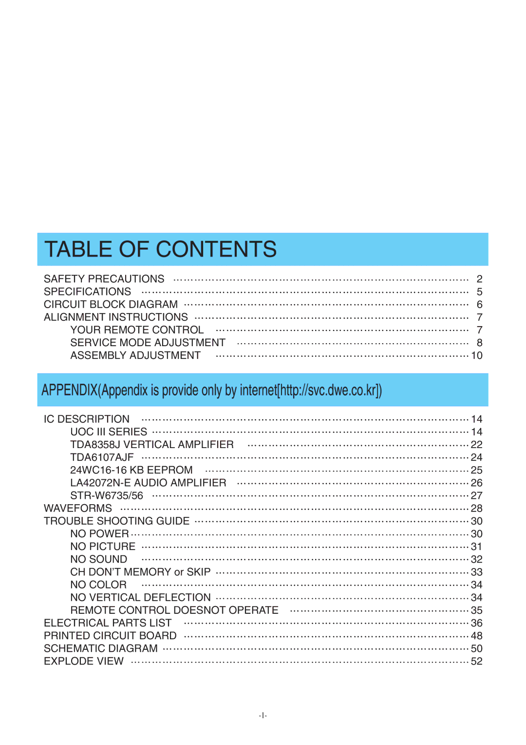 Daewoo DTH-2930SSFV, CM-405F service manual Table of Contents 