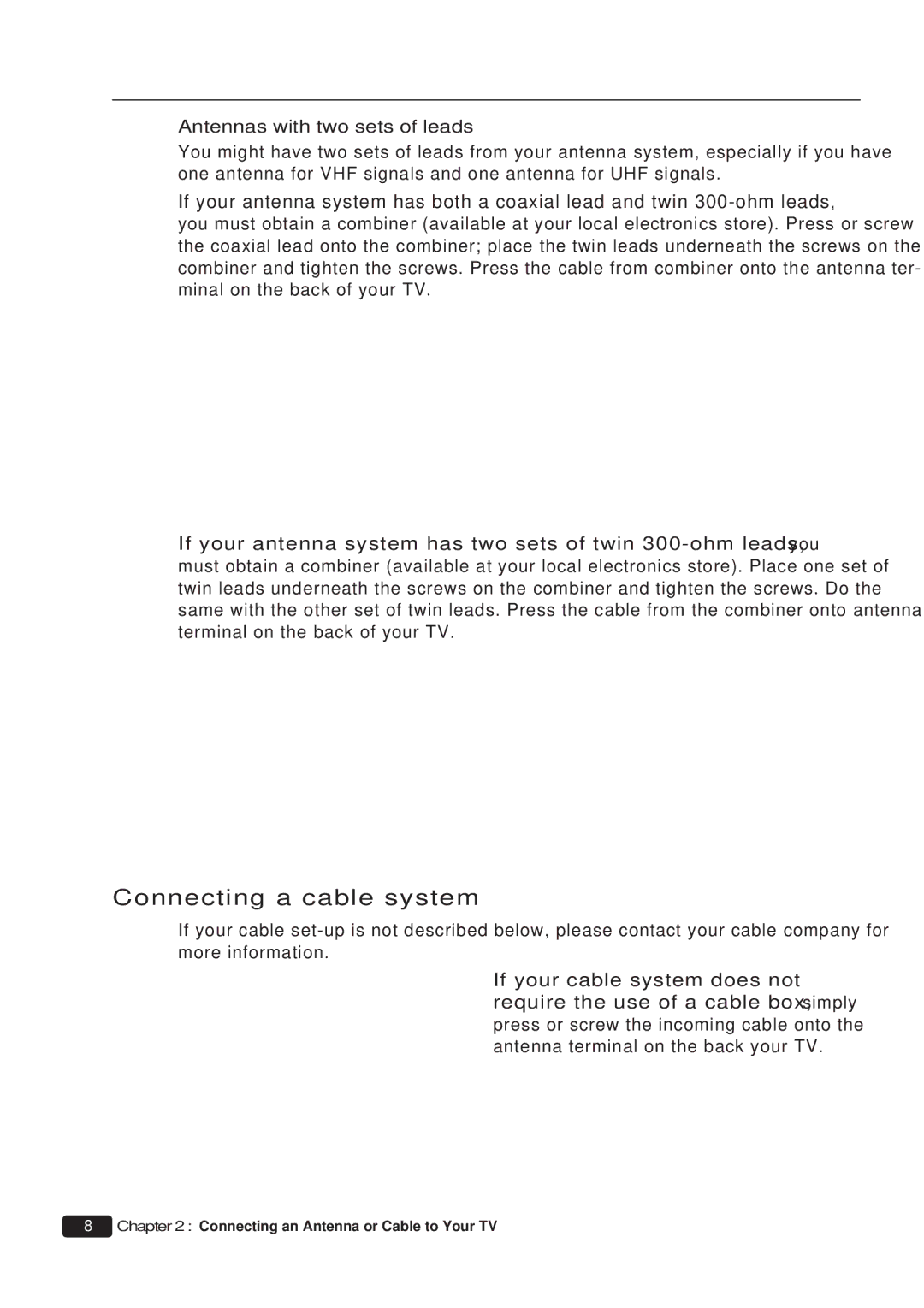 Daewoo DTQ 13P2FC instruction manual Connecting a cable system, Antennas with two sets of leads 