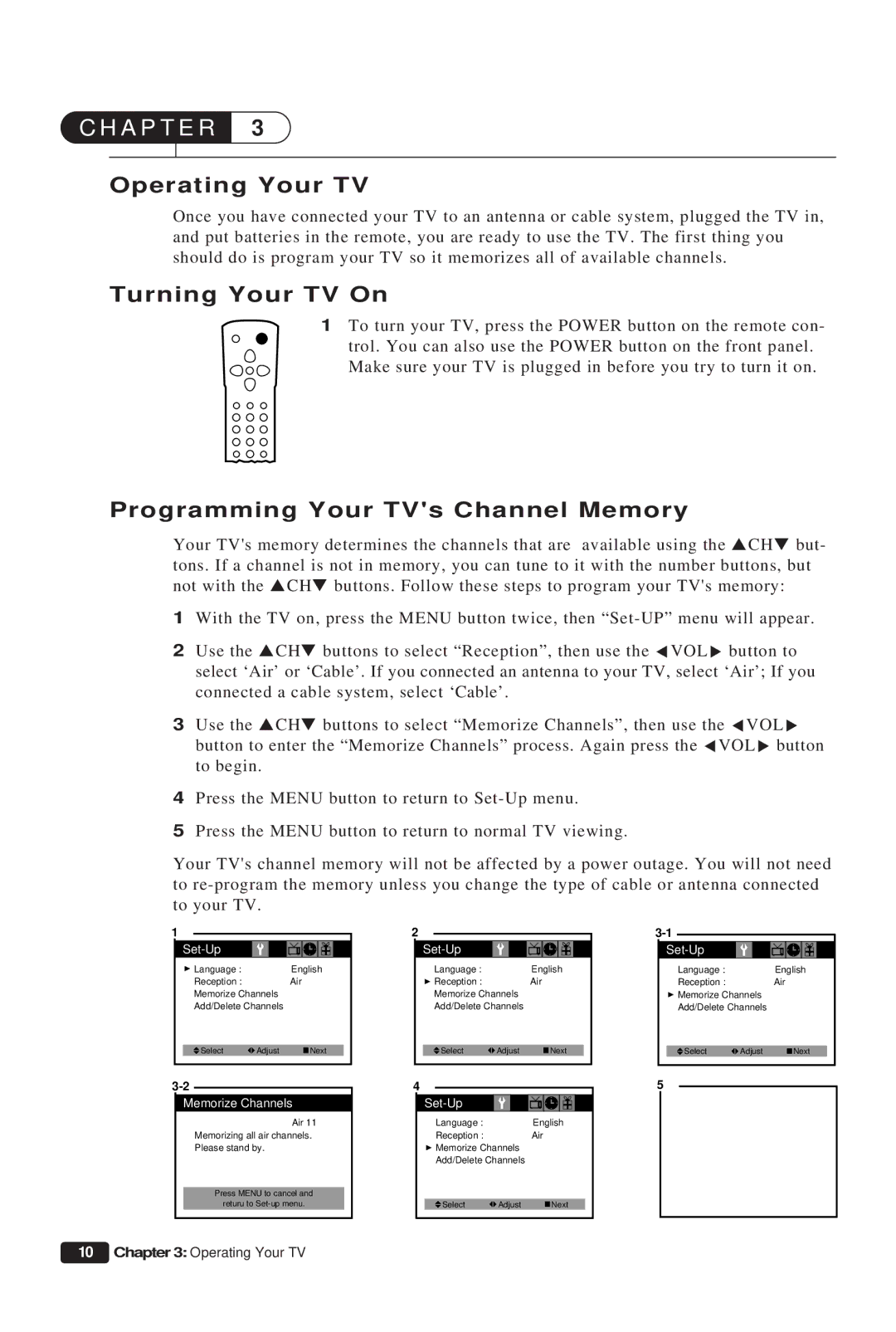 Daewoo DTQ 13P2FC instruction manual Turning Your TV On, Programming Your TVs Channel Memory 