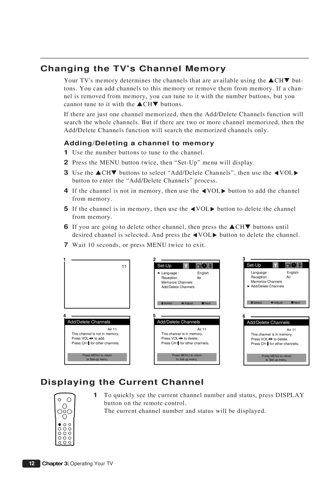 Daewoo DTQ 13P2FC Changing the TVs Channel Memory, Displaying the Current Channel, Adding/Deleting a channel to memory 