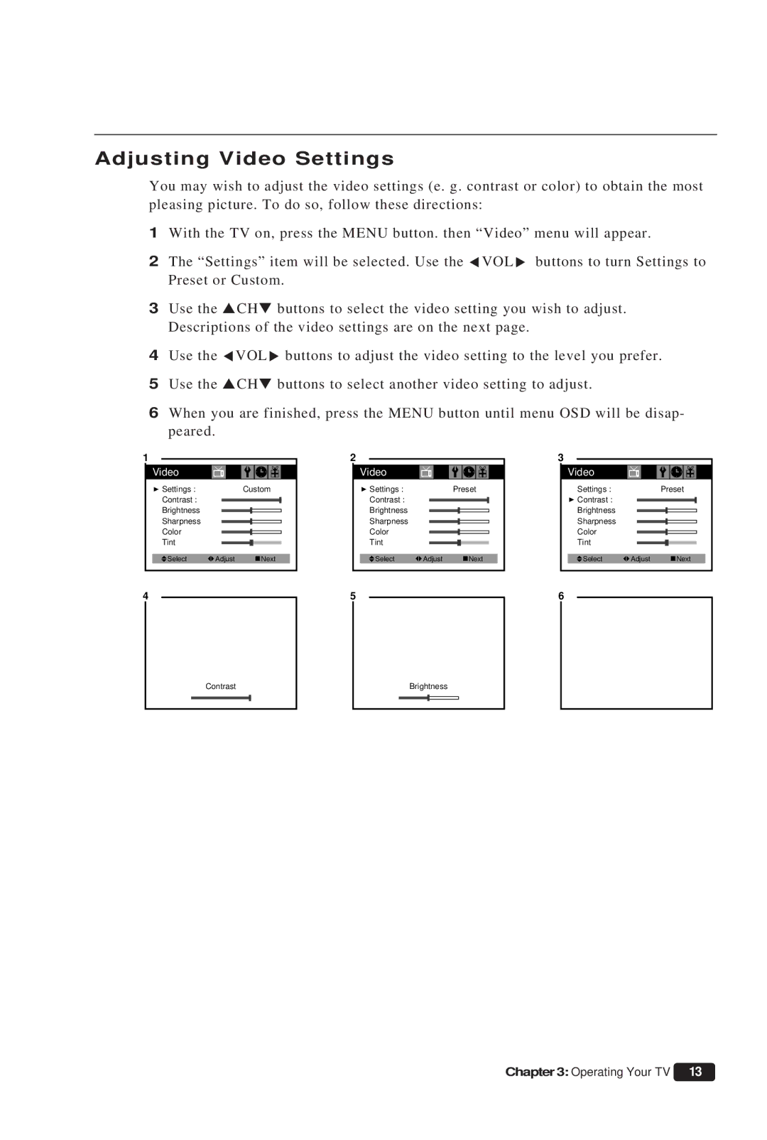 Daewoo DTQ 13P2FC instruction manual Adjusting Video Settings 