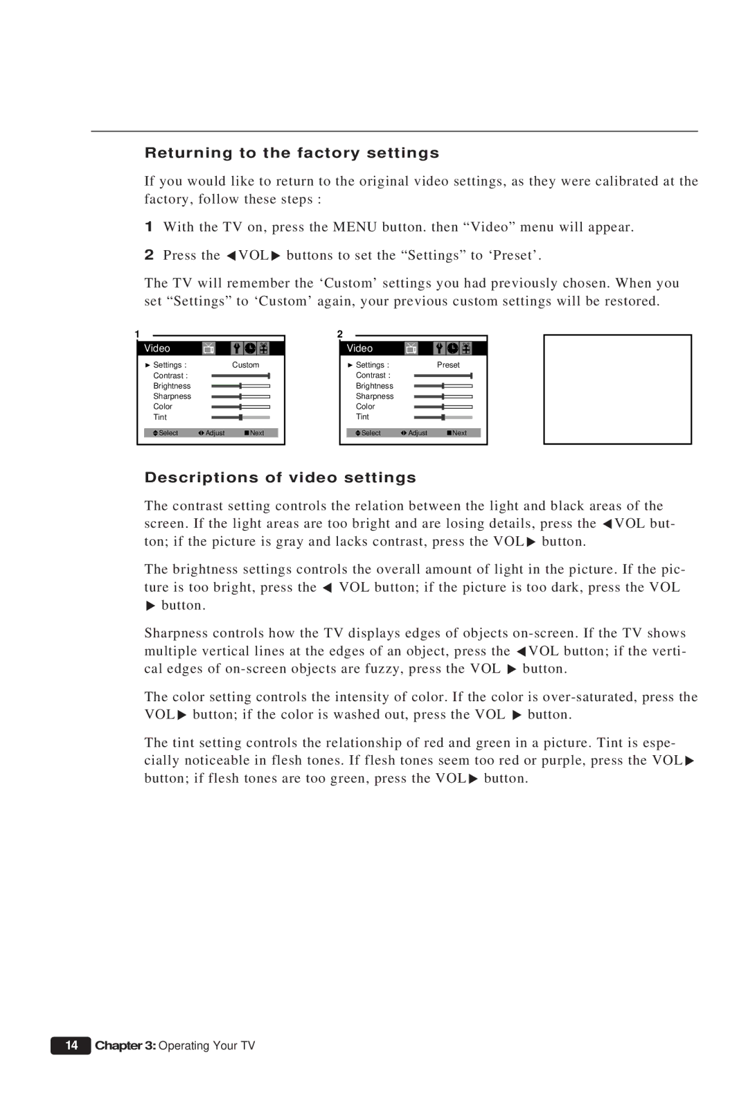 Daewoo DTQ 13P2FC instruction manual Returning to the factory settings, Descriptions of video settings 