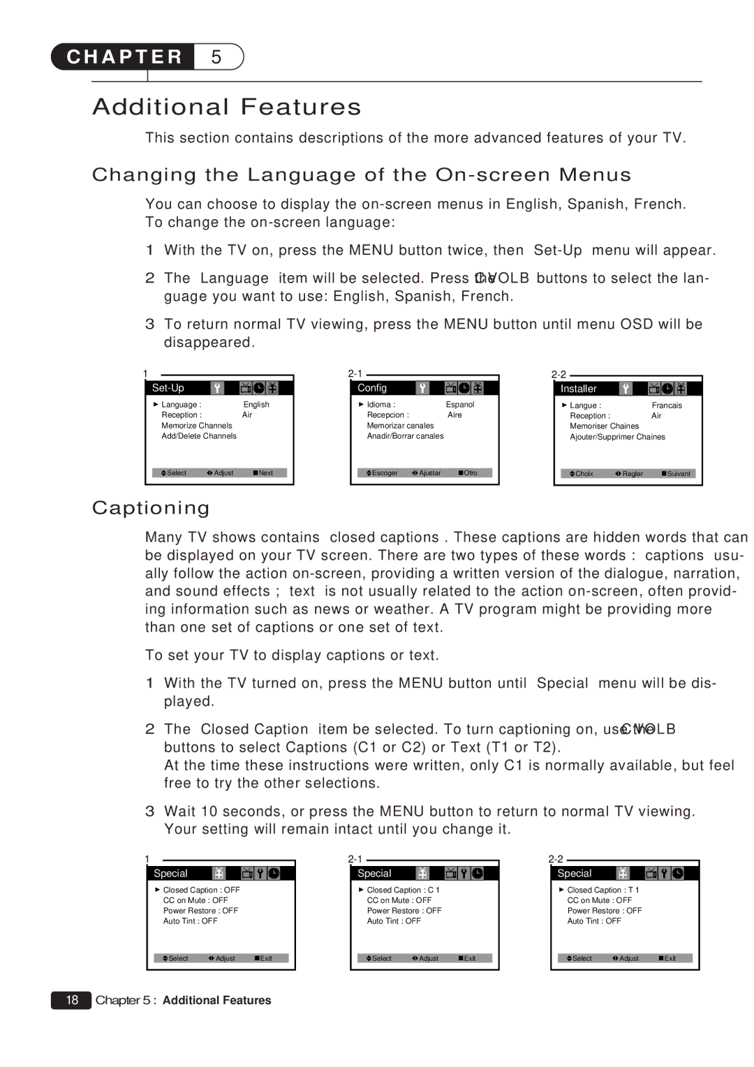 Daewoo DTQ 13P2FC instruction manual Additional Features, Changing the Language of the On-screen Menus, Captioning 