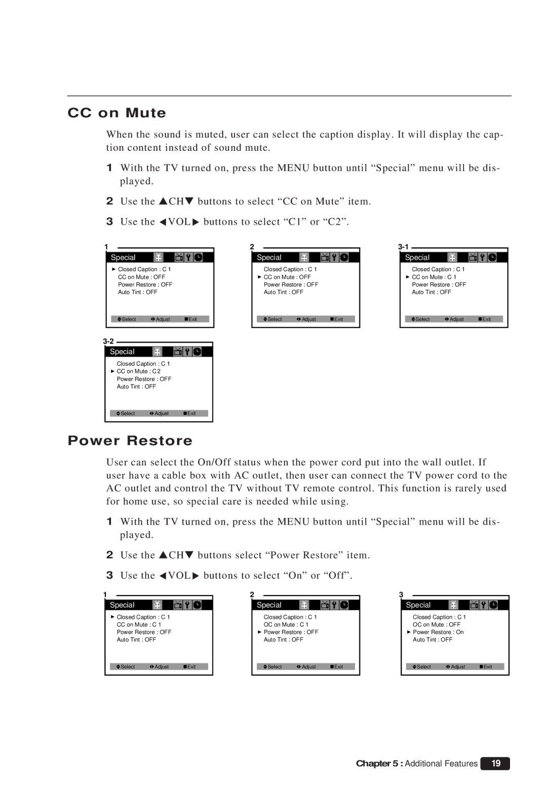 Daewoo DTQ 13P2FC instruction manual CC on Mute, Power Restore 