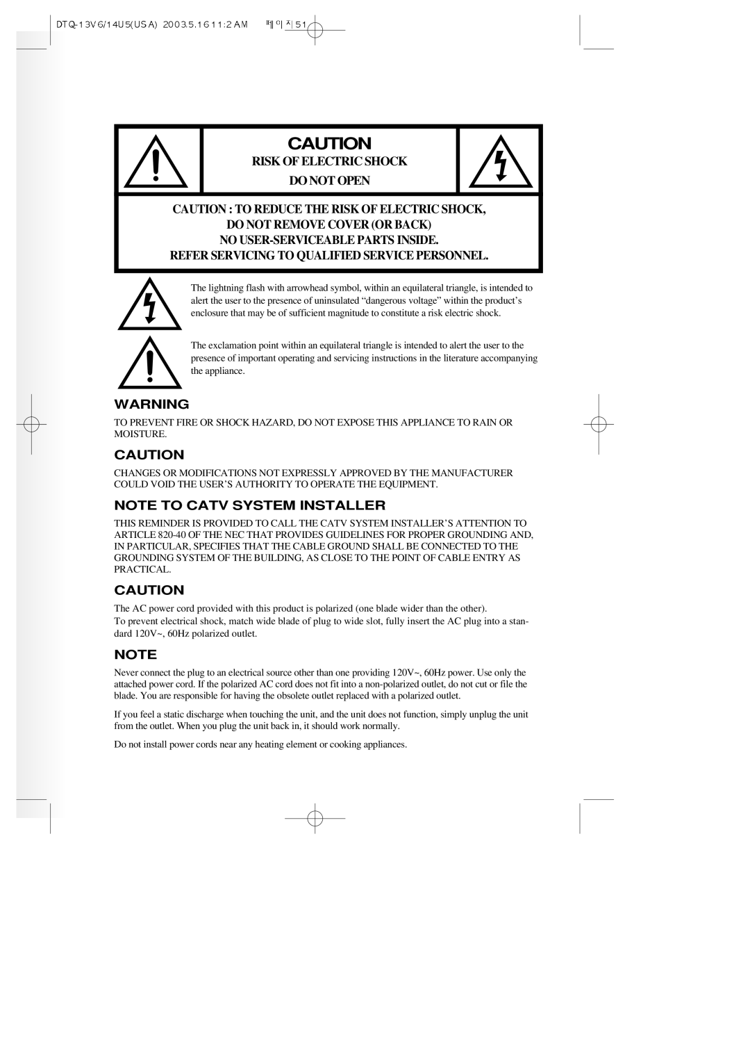 Daewoo DTQ 13V5FC, DTQ 13V1FC, DTQ 19V1FC instruction manual Risk of Electric Shock 