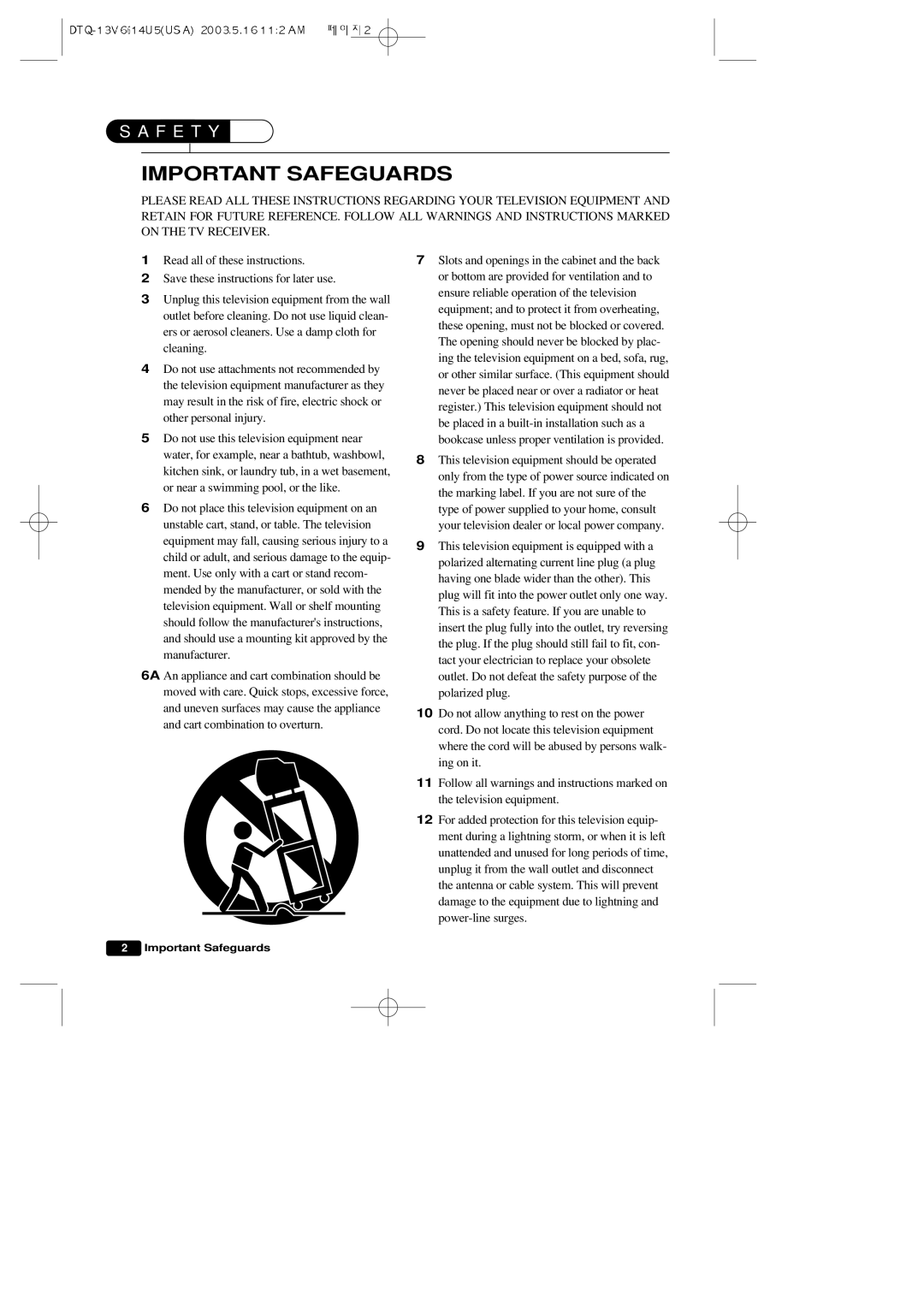 Daewoo DTQ 19V1FC, DTQ 13V1FC, DTQ 13V5FC instruction manual Important Safeguards 