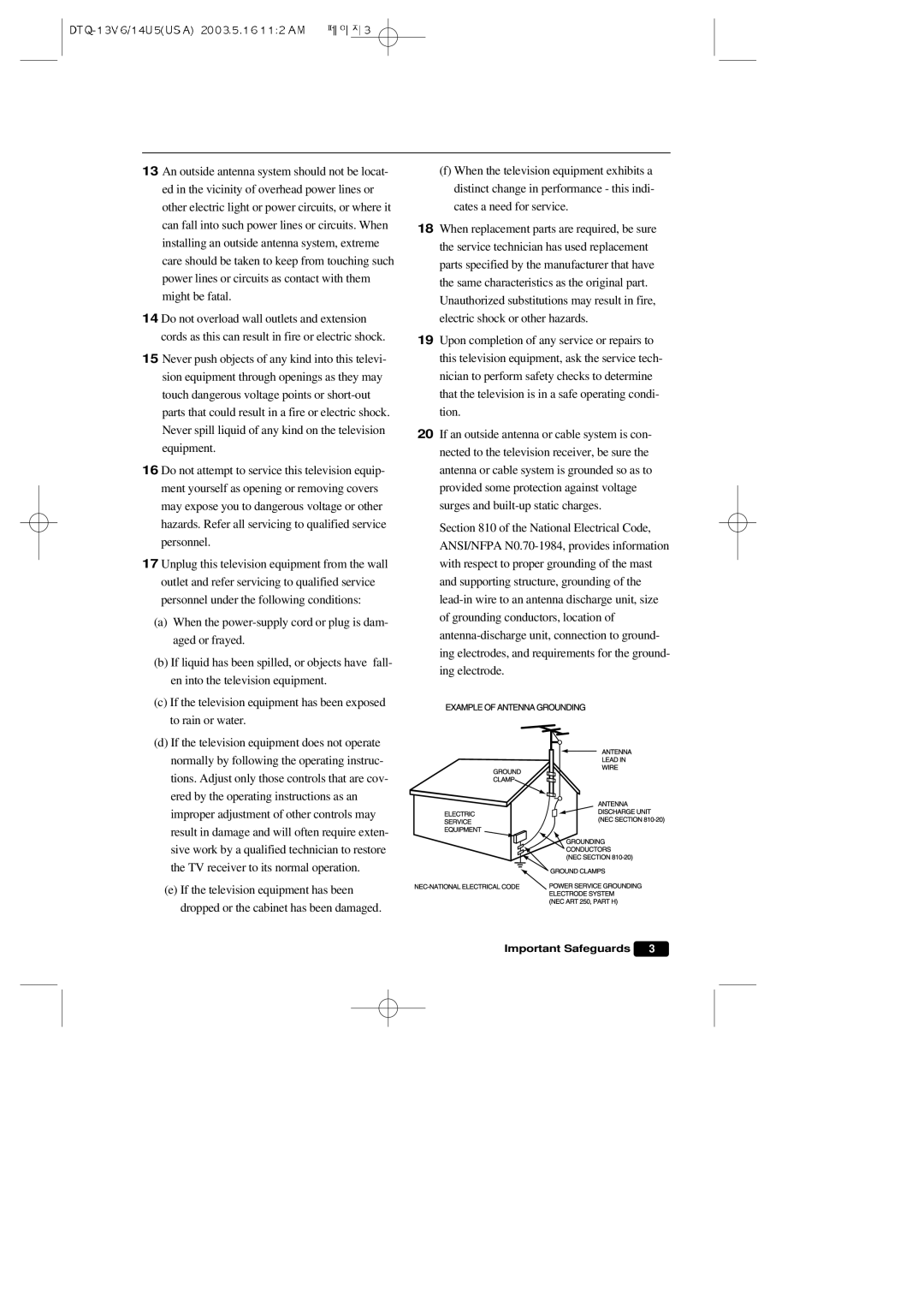 Daewoo DTQ 13V5FC, DTQ 13V1FC, DTQ 19V1FC instruction manual Important Safeguards 