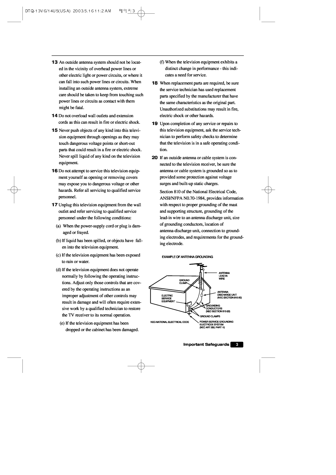 Daewoo DTQ 13V5FC, DTQ 13V1FC, DTQ 19V1FC instruction manual a When the power-supply cord or plug is dam- aged or frayed 