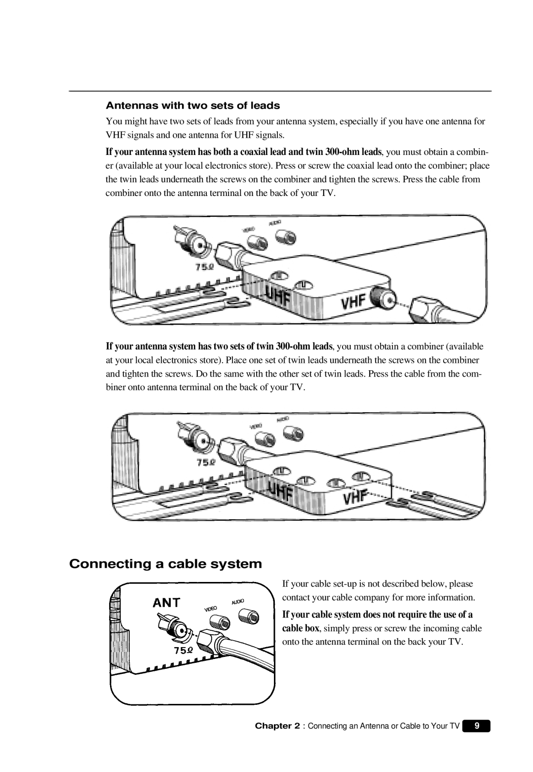 Daewoo DTQ 14U5SC, DTQ 13V6FCP, DTQ 13V6FCB, DTQ 19V6FCB Connecting a cable system, Antennas with two sets of leads 