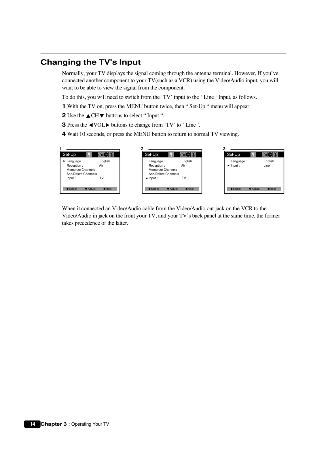 Daewoo DTQ 14U5SC, DTQ 13V6FCP, DTQ 13V6FCB, DTQ 19V6FCB, DTQ 19V6FCP instruction manual Changing the TVs Input 