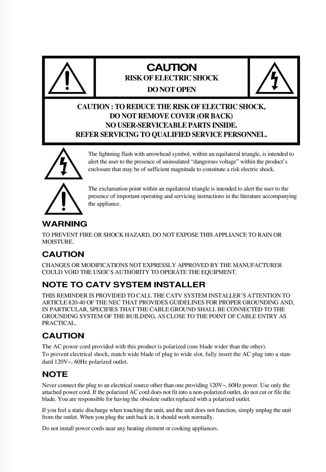 Daewoo DTQ 14U5SC, DTQ 13V6FCP, DTQ 13V6FCB, DTQ 19V6FCB, DTQ 19V6FCP instruction manual Risk of Electric Shock 