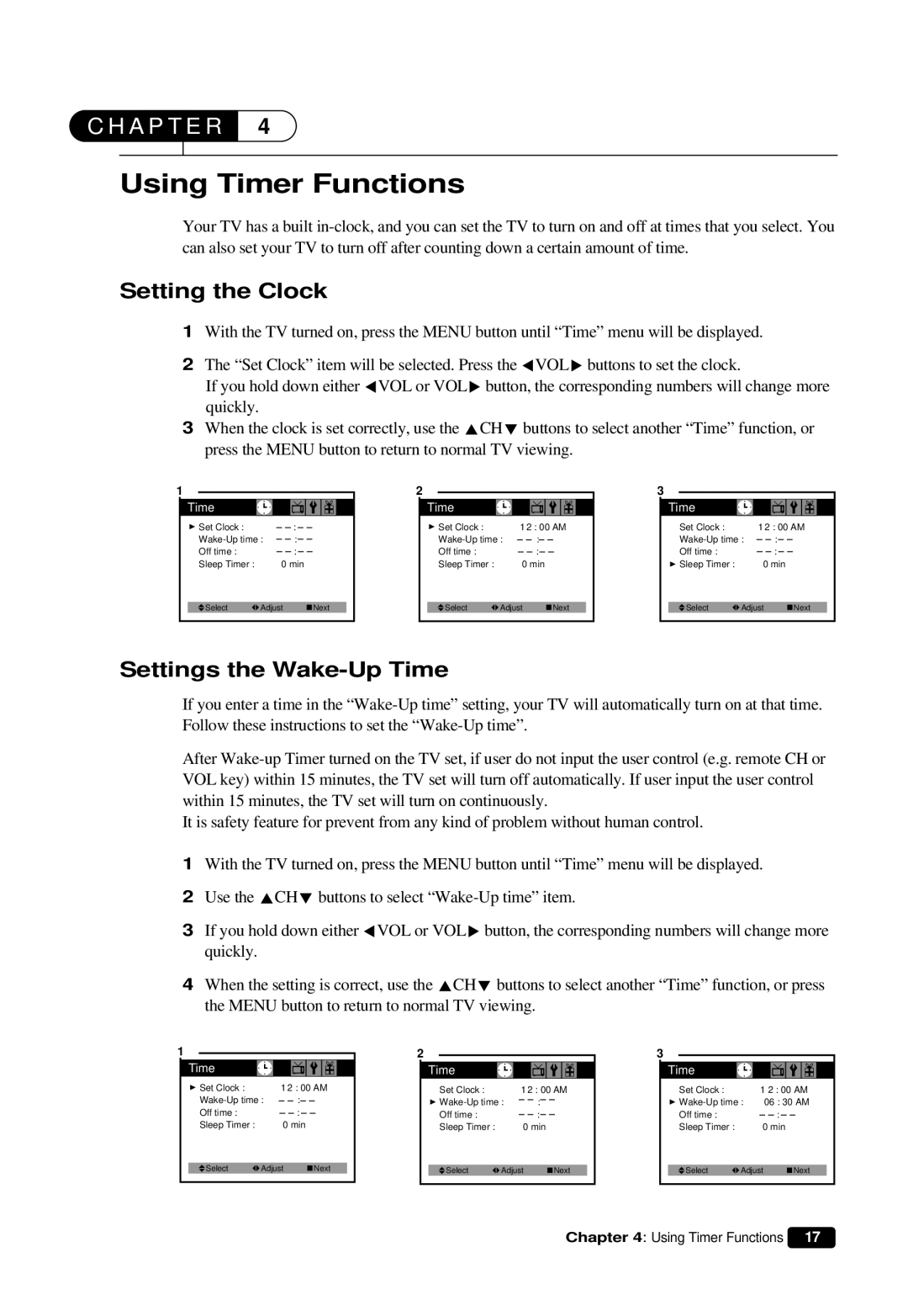 Daewoo DTQ 13V6FCP, DTQ 13V6FCB, DTQ 14U5SC, DTQ 19V6FCB Using Timer Functions, Setting the Clock, Settings the Wake-Up Time 